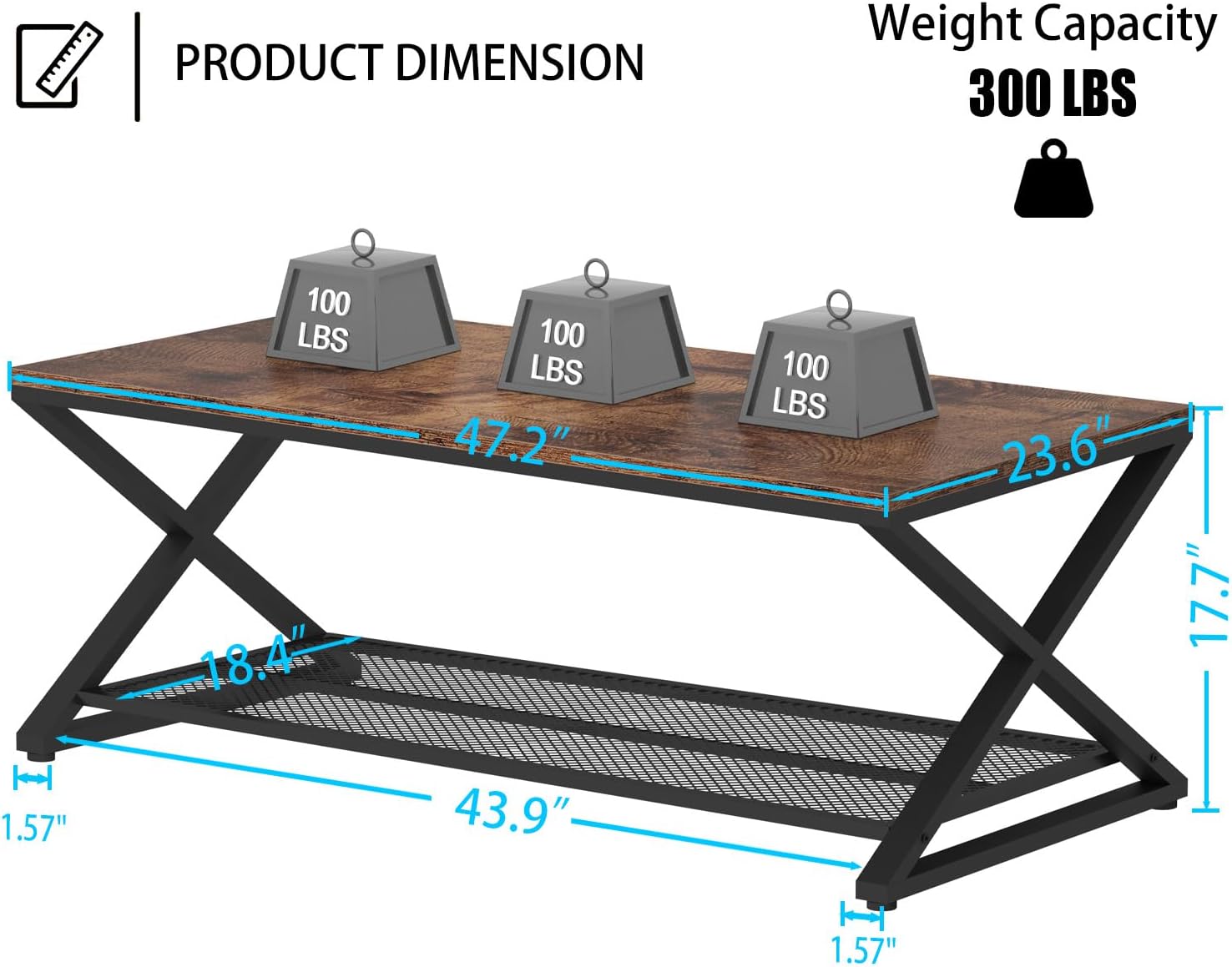 LVB Rustic Coffee Table with Storage, Industrial Wood Metal 2 Tier Center Living Room Table with Mesh Shelf, Farmhouse Wooden Low Rectangle Cocktail Tea Table for Office Bedroom, 47 inch, Rustic Brown