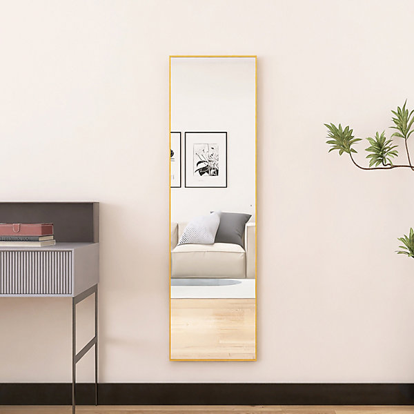Miroir en pied grand, 140x40 cm, sur pied ou mural, cadre aluminium, grand miroir rectangulaire pour salon ou chambre, Doré
