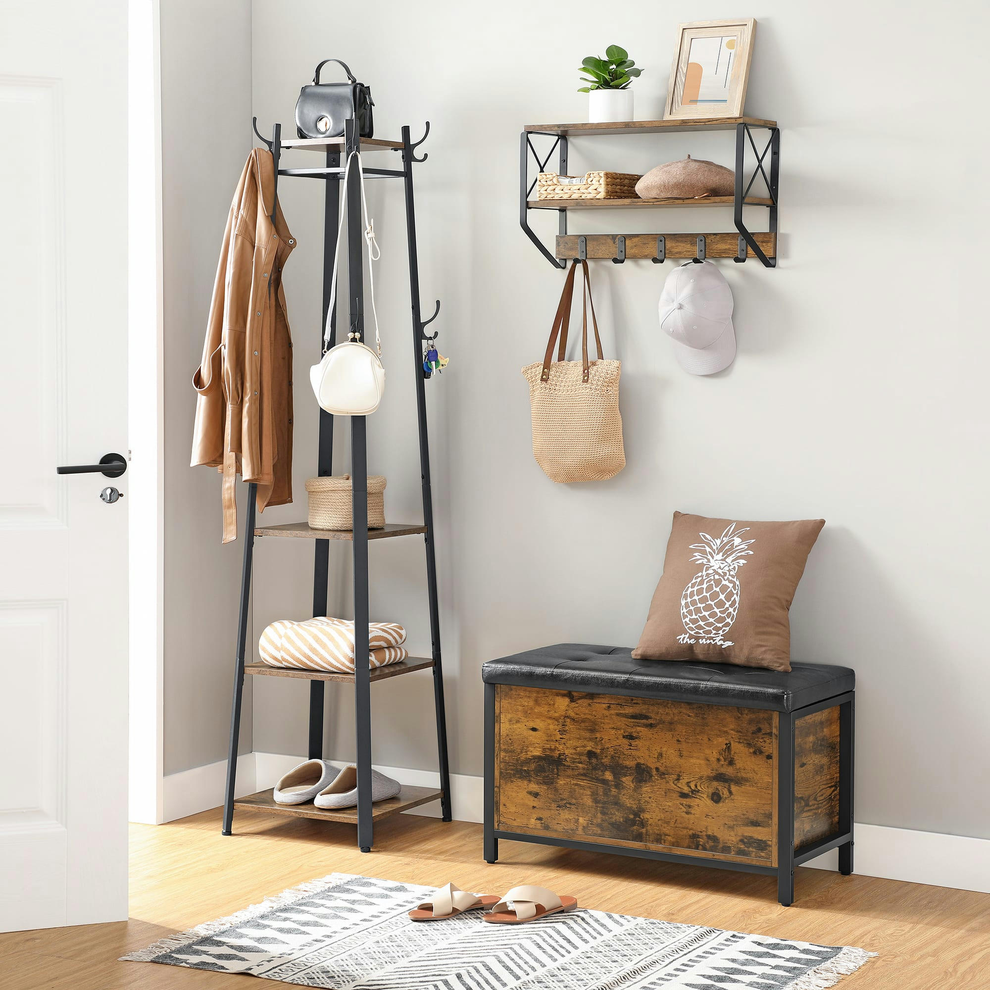 - Banc de rangement rembourré effet bois marron rustique noir