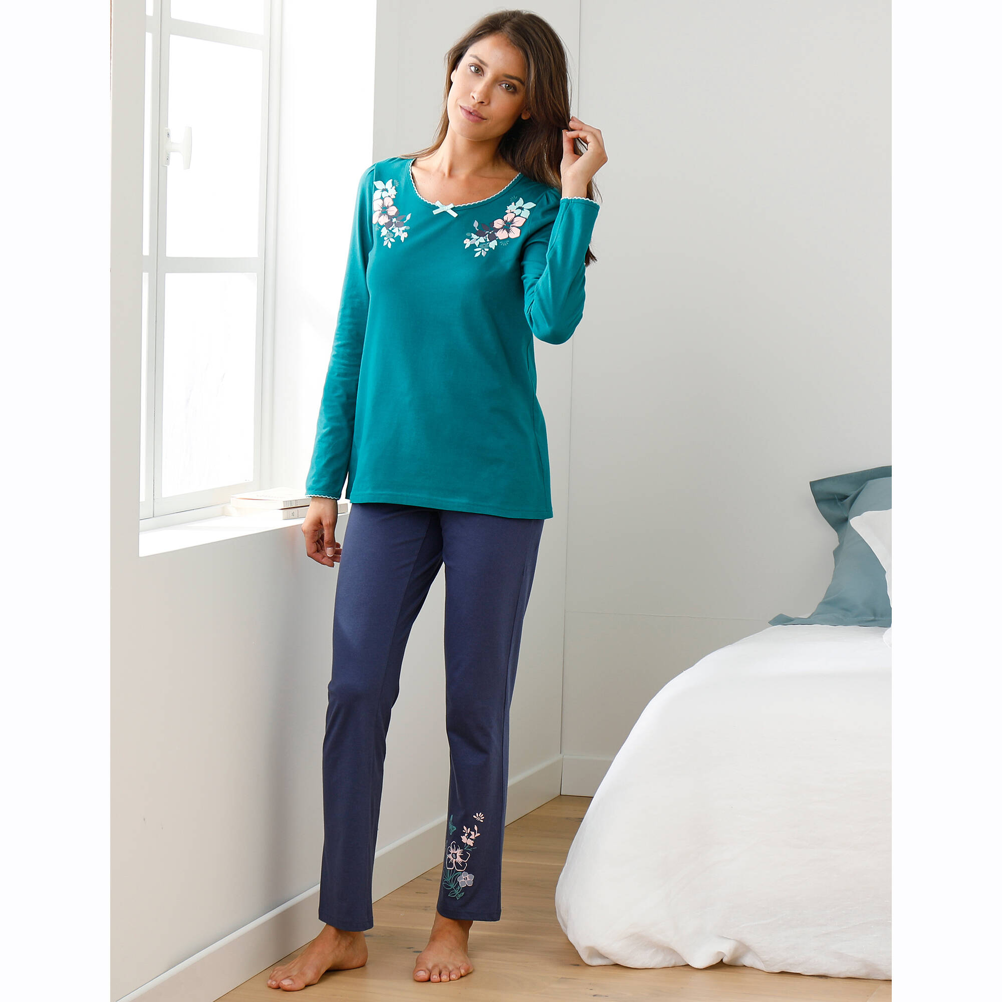 Tee-shirt col imprimé bucolique - manches longues