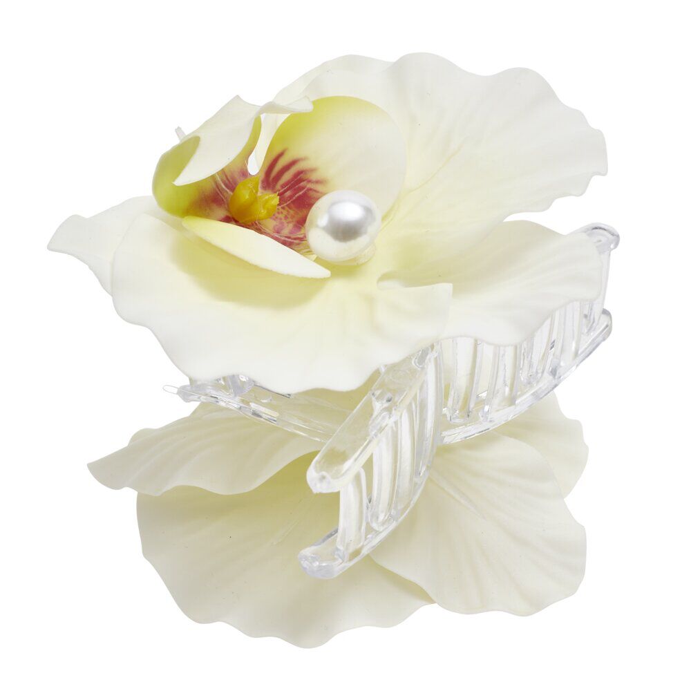 Pince cheveux plastique perle nacrée fleur orchidée jaune L12cm