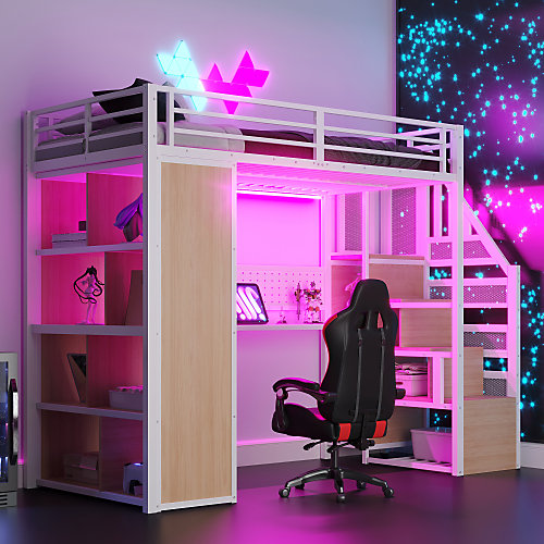 Lit mezzanine en métal 90x200 cm avec armoire et bureau- avec LED - compartiments de rangement -blanc (sans matelas)