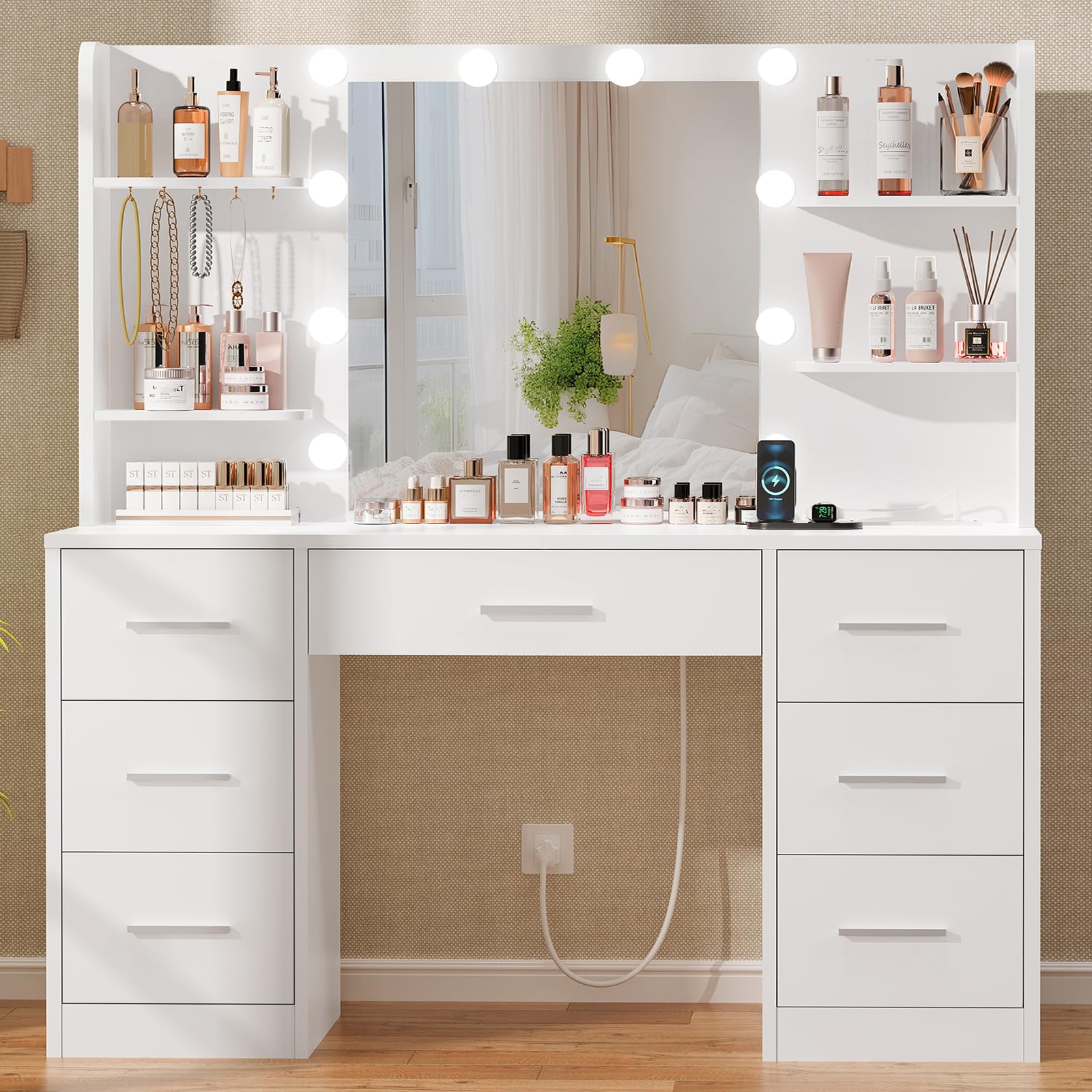 QUIMOO Large Vanity Desk with LED Mirror & Power Outlet