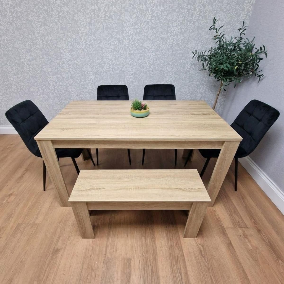 KOSY KOALA Oak Effect Dining Table Set With 4 Black Velvet Chairs And Bench Dining Room Furniture