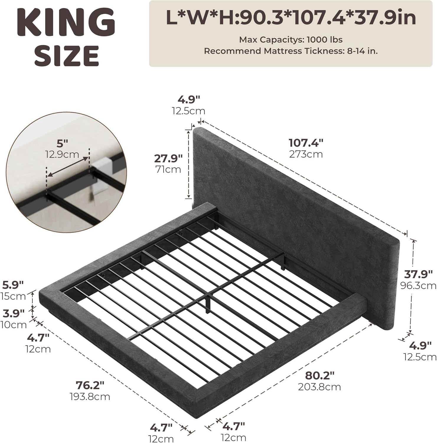 RECCI Cloud King Bed Frame with Extra Wide Headboard, 5 Inch Foam Fully Cushioned Platform, Easy Assembly, No Box Spring Needed