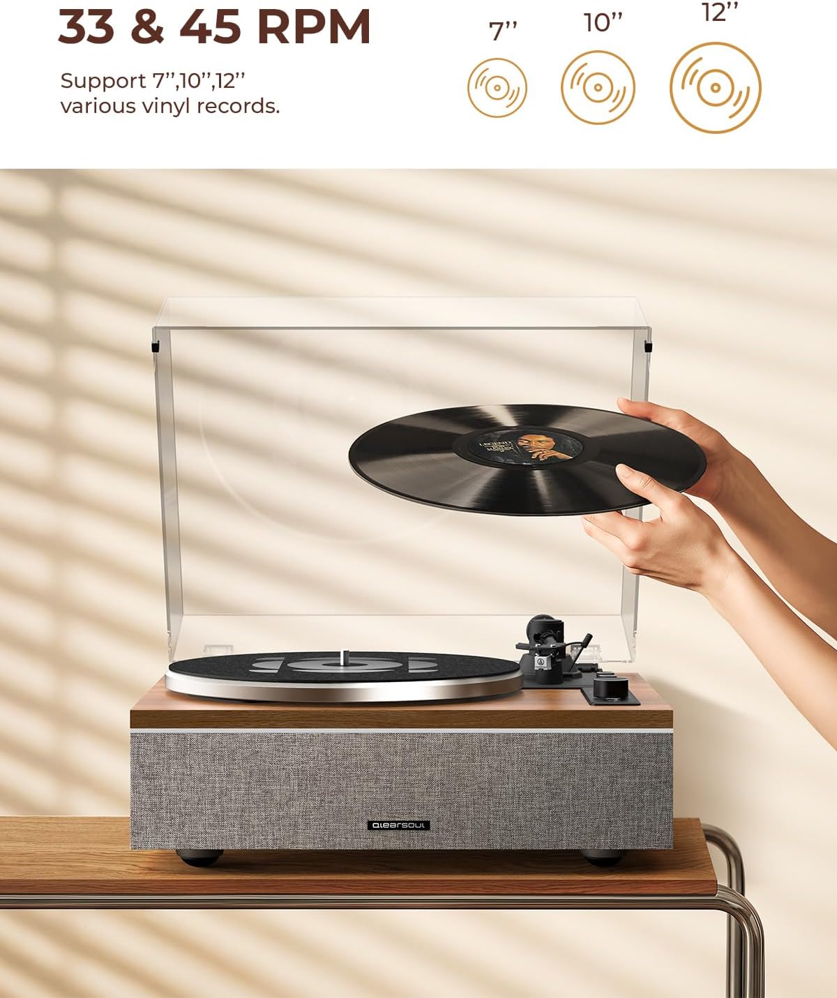 QLEARSOUL ONE-S Vinyl Record Player with Bluetooth Input/Output, All-in-One Vintage Turntable Built in Speakers, Phono Preamp & DSP, AT-3600L Cartridge, 33/45 RPM (Walnut)