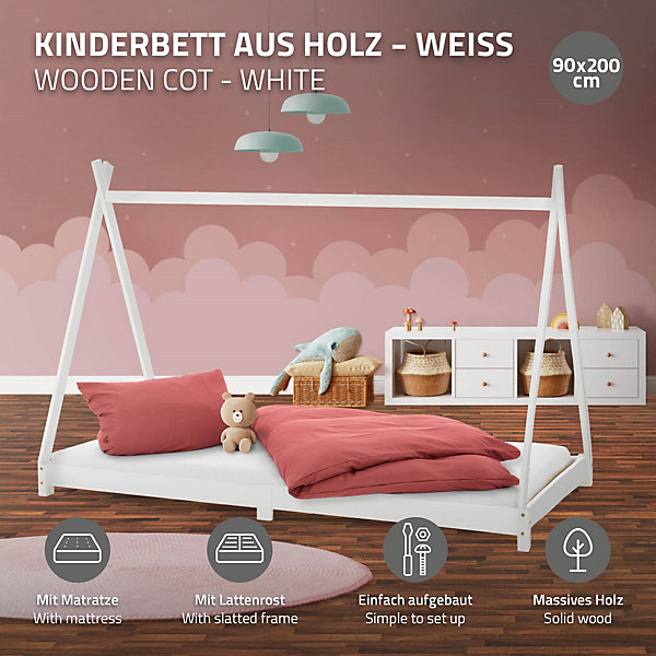 Lit d'enfant ML-Design Tipi 90x200 cm gris clair en bois de pin massif style indien matelas H:16 cm