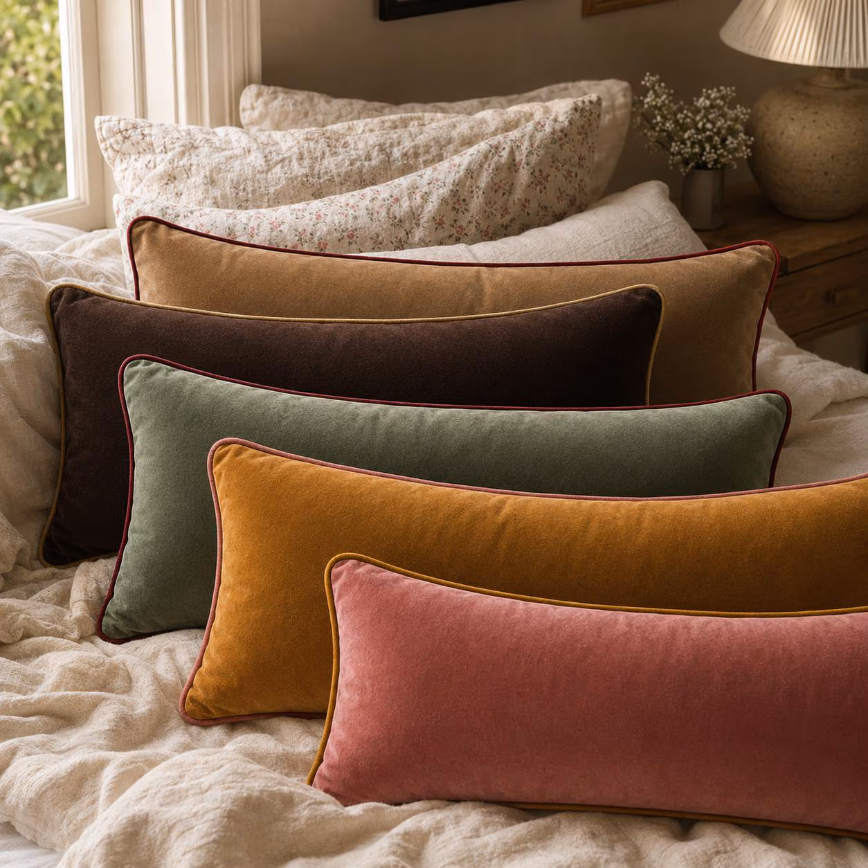 Extra Long Velvet Lumbar Pillow Cover with Contrast Piping, Custom Size for Bed
