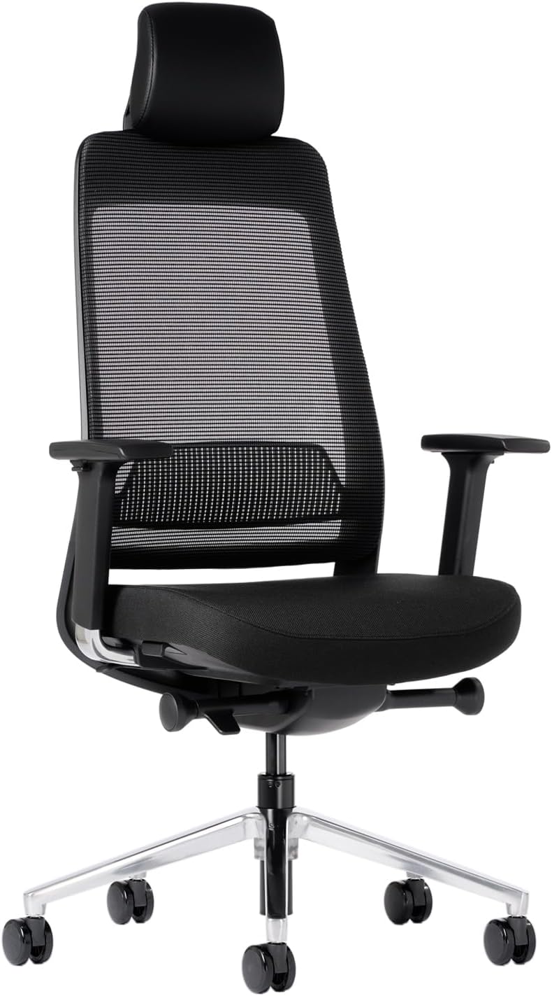 Ergonomic Mesh Office Chair with Headrest, High Back Executive Chair, 4D Adjustable Armrests, Adjustable Lumbar Support, Sliding Seat & Multi-Position Tilt Lock, Aluminum Base – Black
