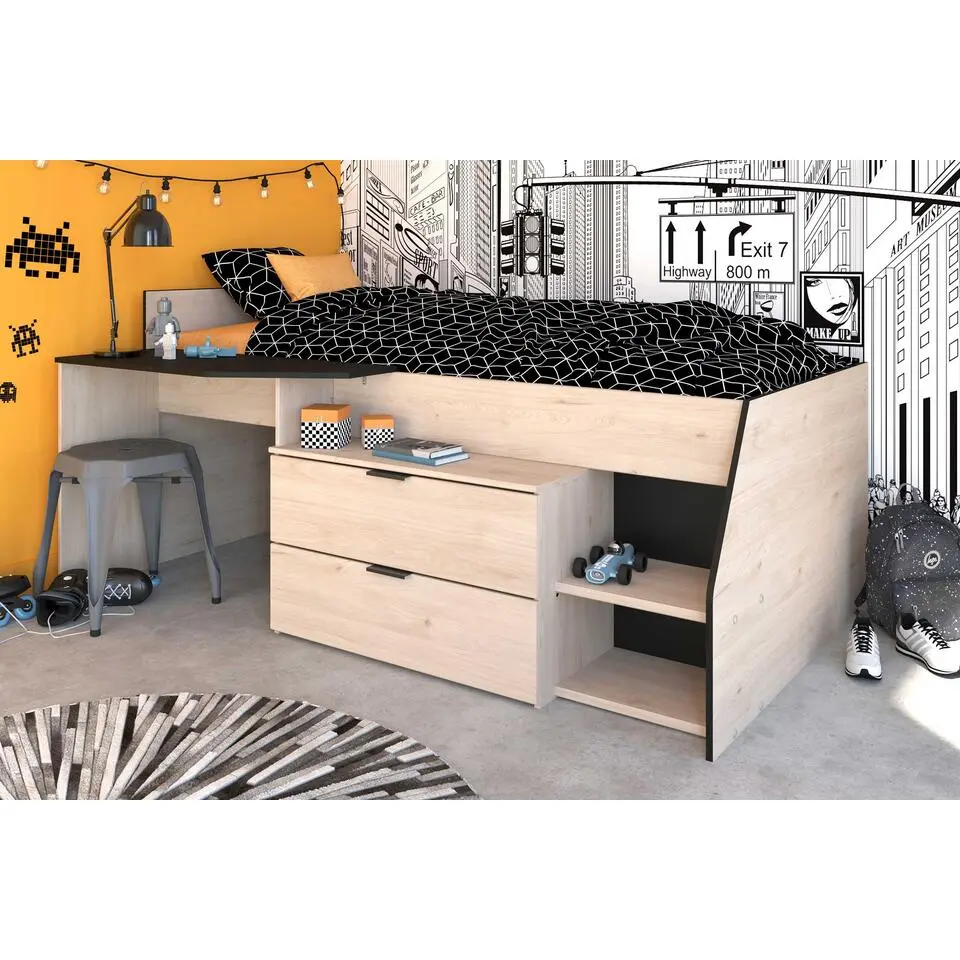 Kajuitbed Milky met bureau en lades - zwart/eik