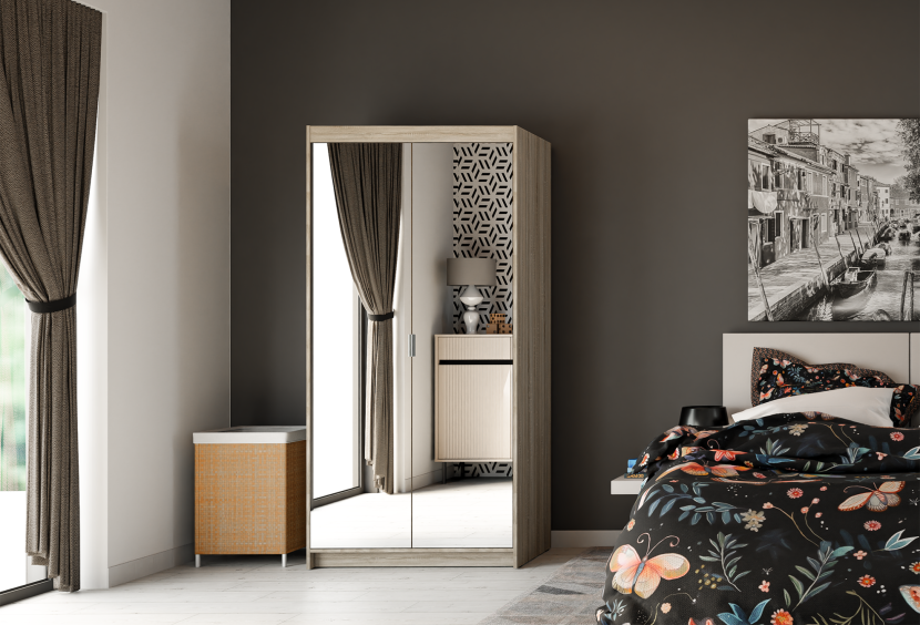 Szafa HELENA 90 cm z lustrem dąb Sonoma dwudrzwiowa -elegancka,funkcjonalna