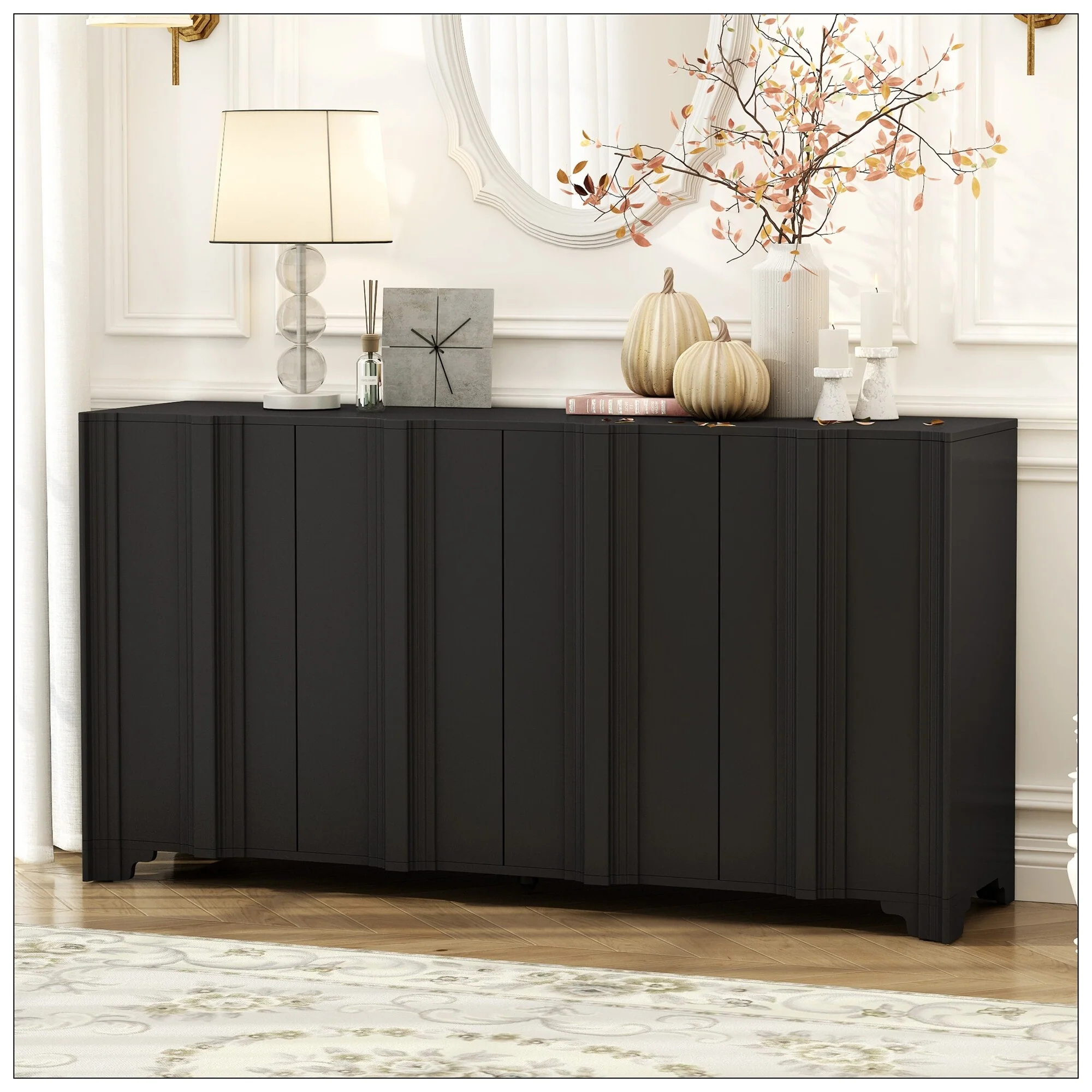 Sophisticated 4-Door Sideboard Adorned with Intricate Linear Accents