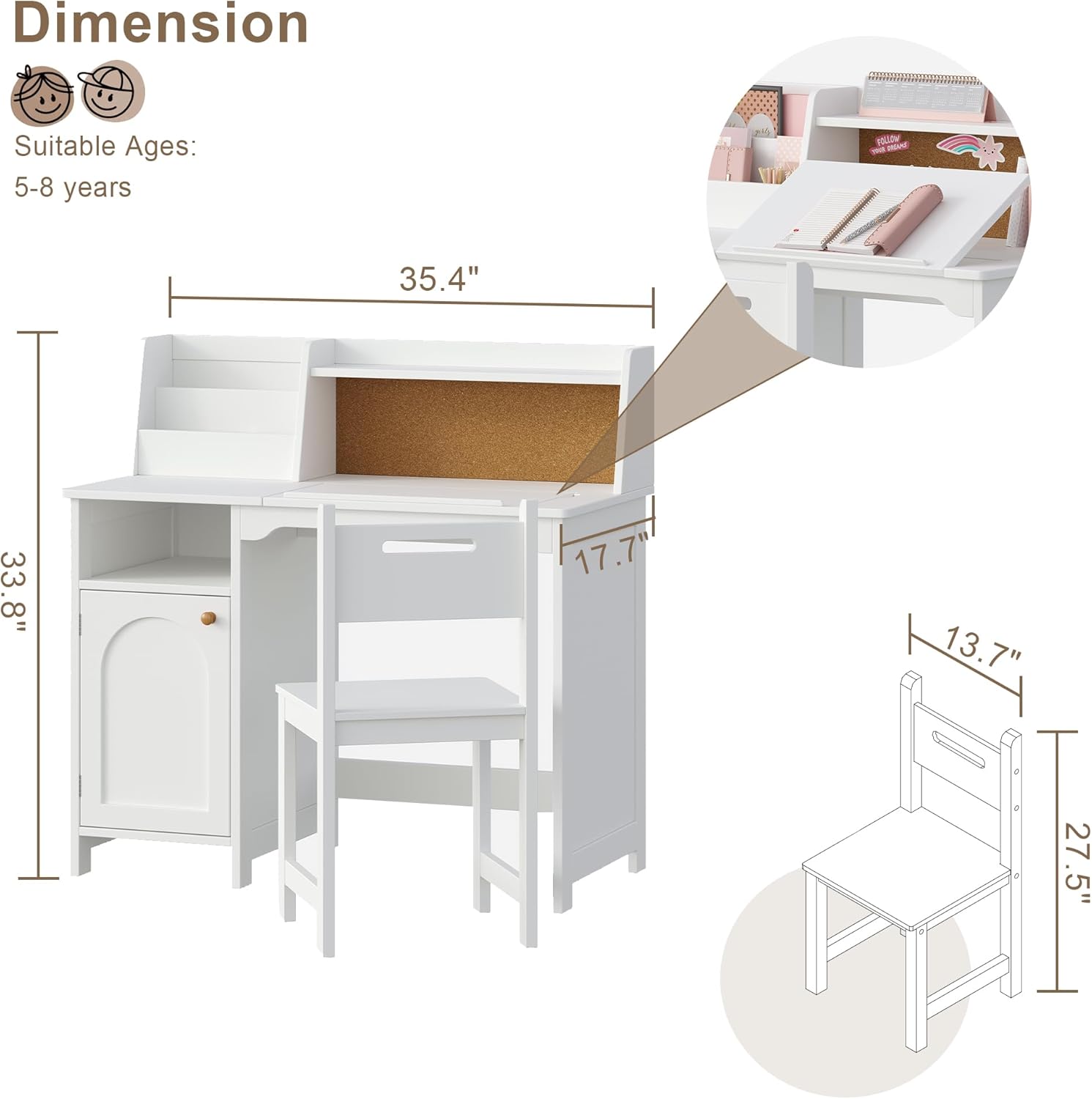 Treocho Kids Study Desk and Chair Set, Kids Desk with Hutch and Tiltable Desktop for 3-8 Years Old, Wooden Children Study Table with Storage Cabinet, Student Writing Desks Bedroom, Home School, White