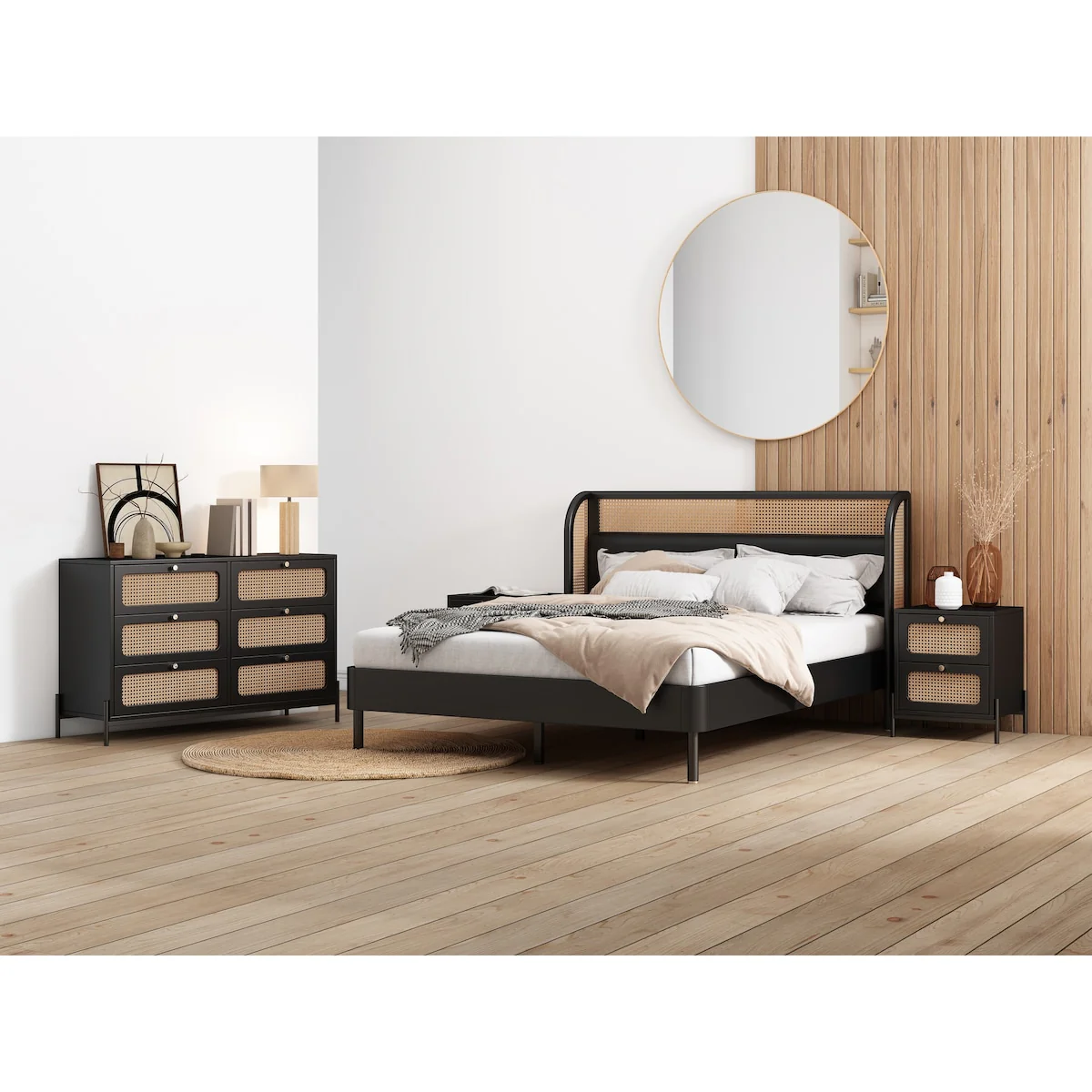 4 Pieces Modern Cannage Rattan Platform Queen Bed + Nightstand*2+ Dresser, Black