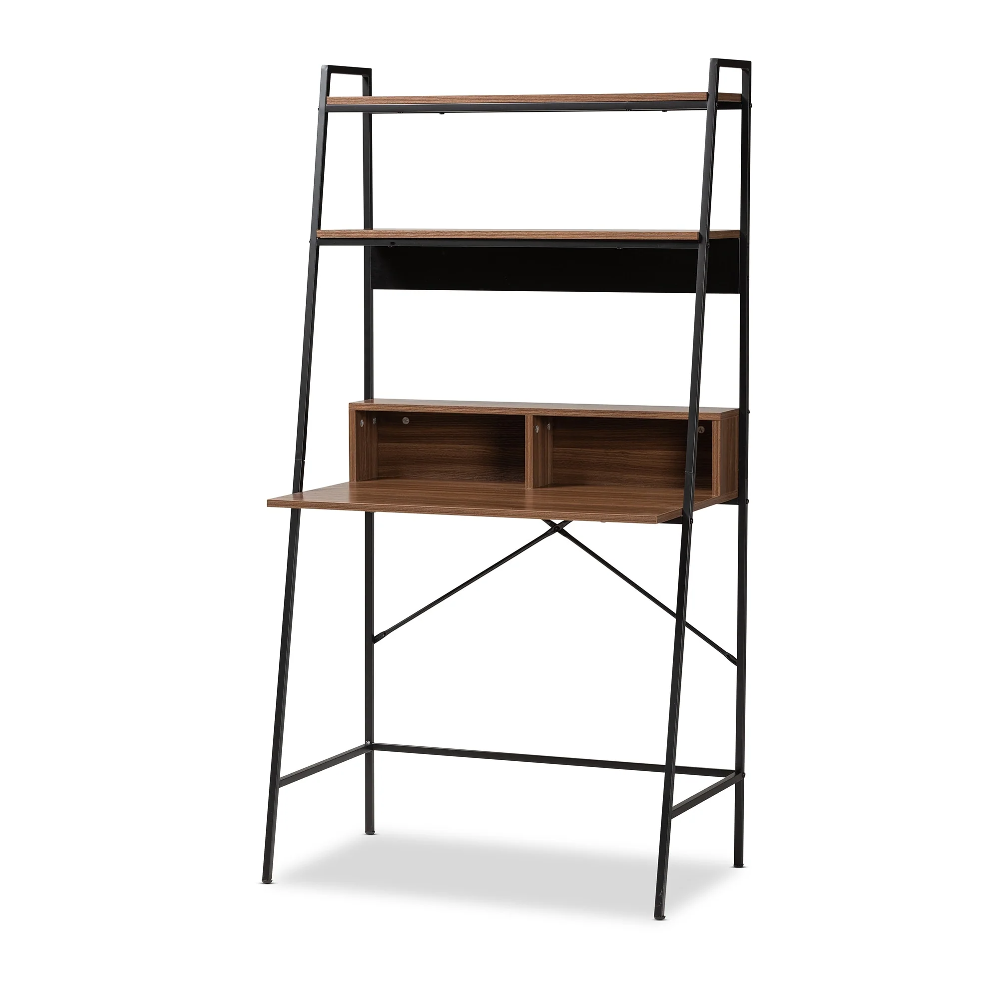 Palmira Industrial Wood and Metal Desk with Shelves-Walnut Brown