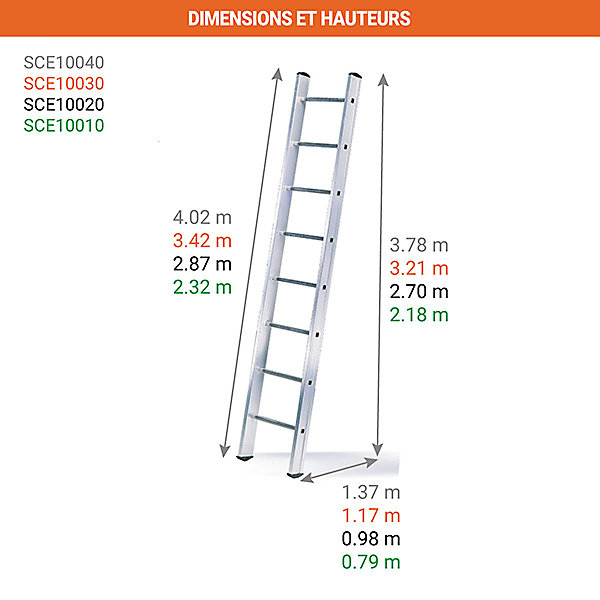 Echelle simple aluminium - 10 barreaux - Longueur 2.87m - SVE-SCE10020