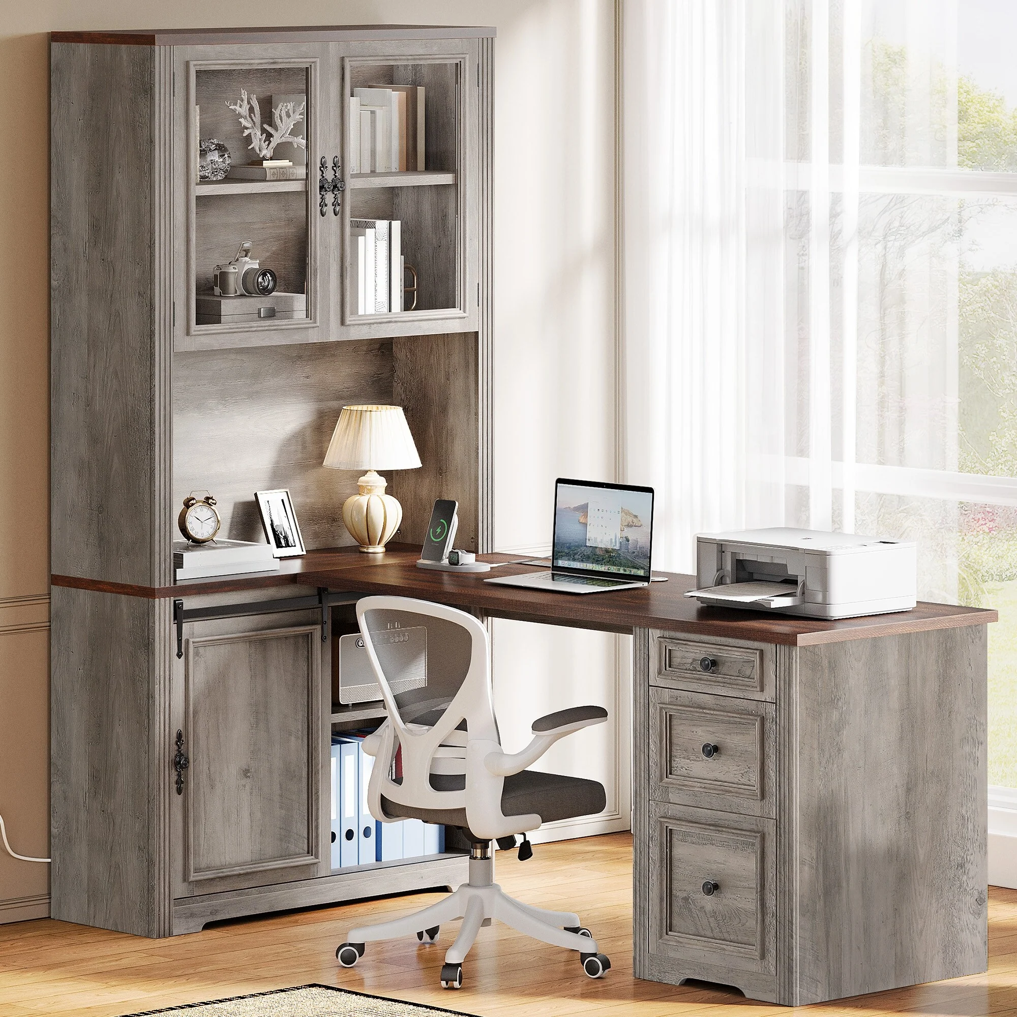 Moasis Farmhouse Office Desk Corner Computer Desk with Hutch and Drawers