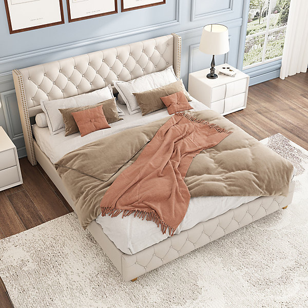 Lit Double 140x190 cm - Lit Double Rembourré avec Tête Capitonnée et Sommier à Lattes - Lin - Sans Matelas - Beige