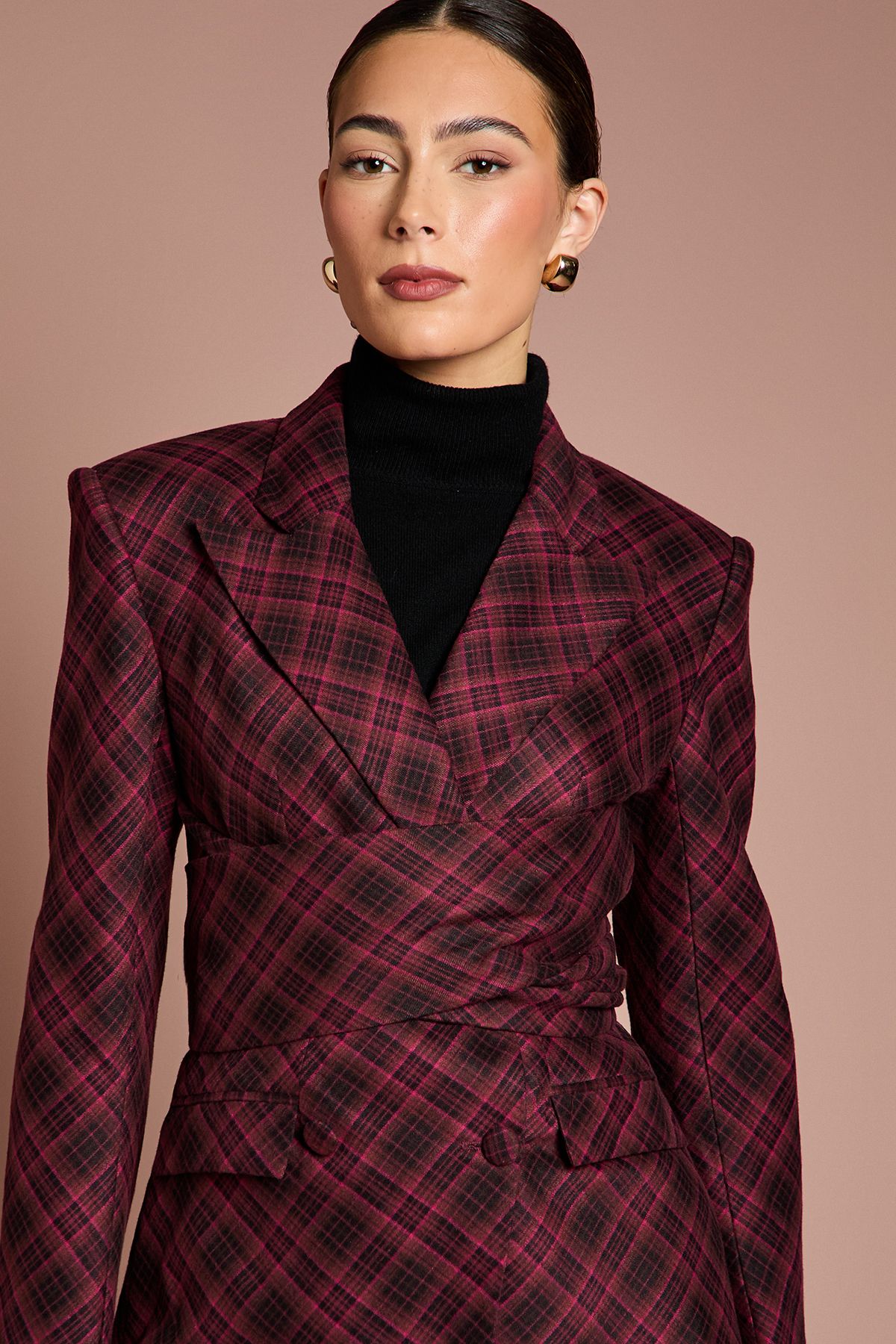 Coast Lisa Tan Premium Check Wrap Front Blazer