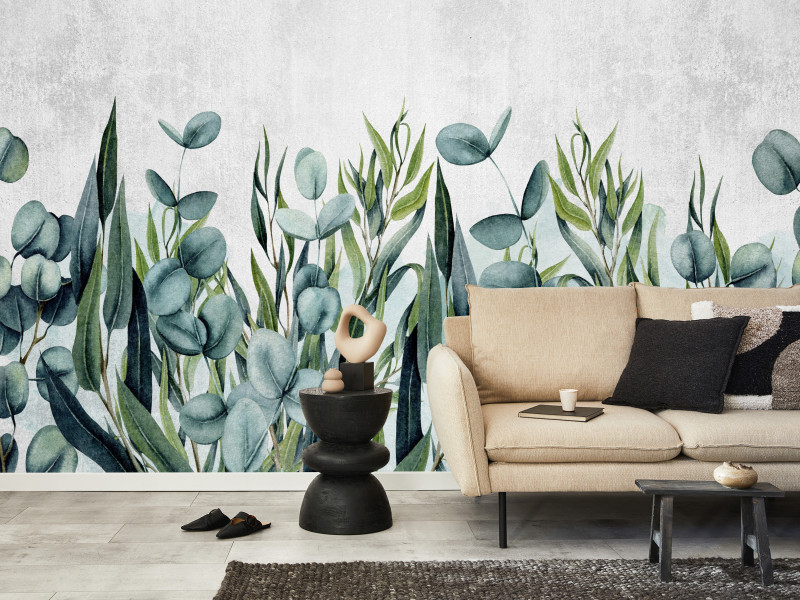 Fototapeta Liście eukaliptusa na betonie 100x70cm