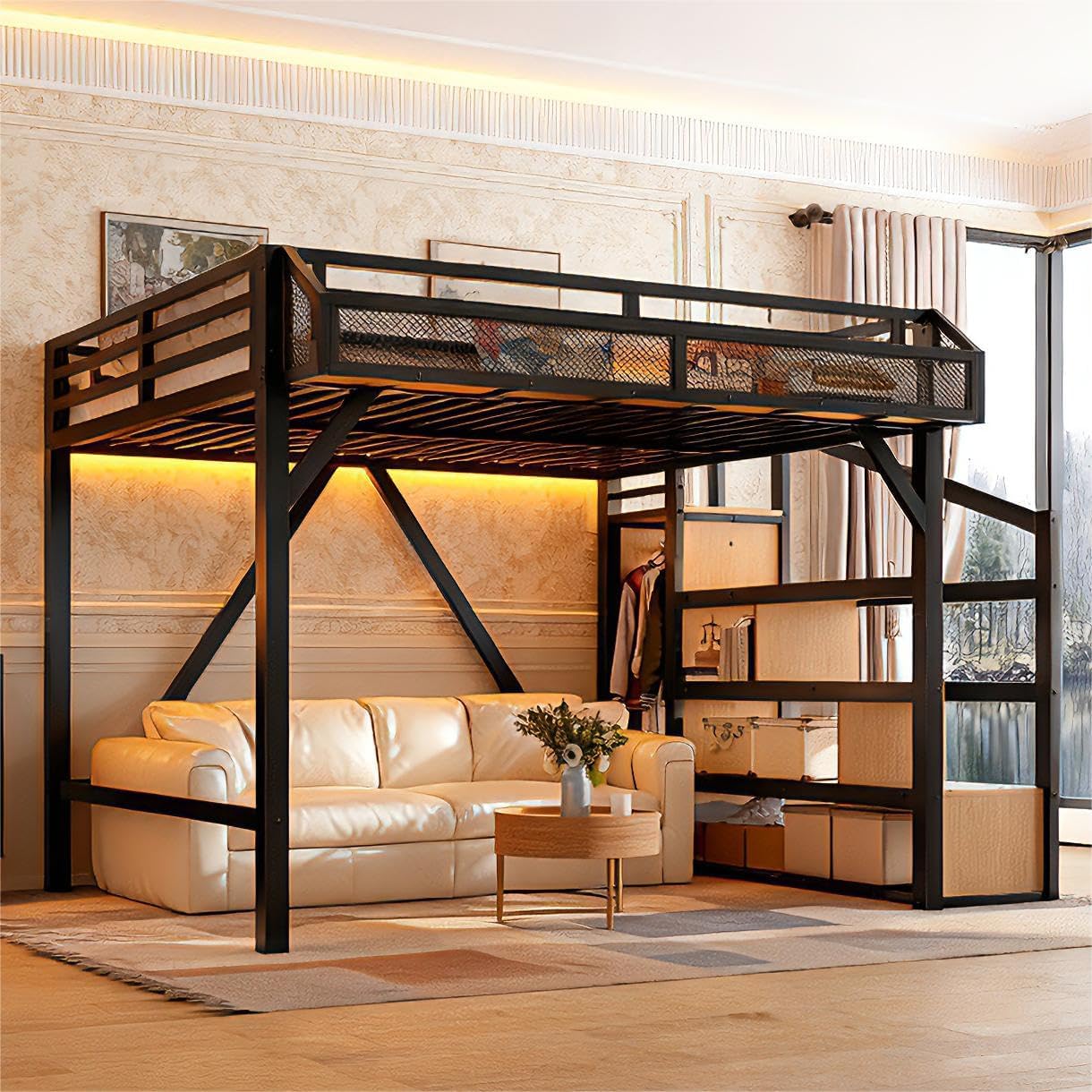 Bellemave Queen Loft Bed Frame with Storage Stairs, Beside Shelf & Wardrobe, Metal Queen Size Loft Bed with USB Ports&LED Light, Large Under-Bed Space Loft Beds for Adults,Teens, Kids, Black Natural