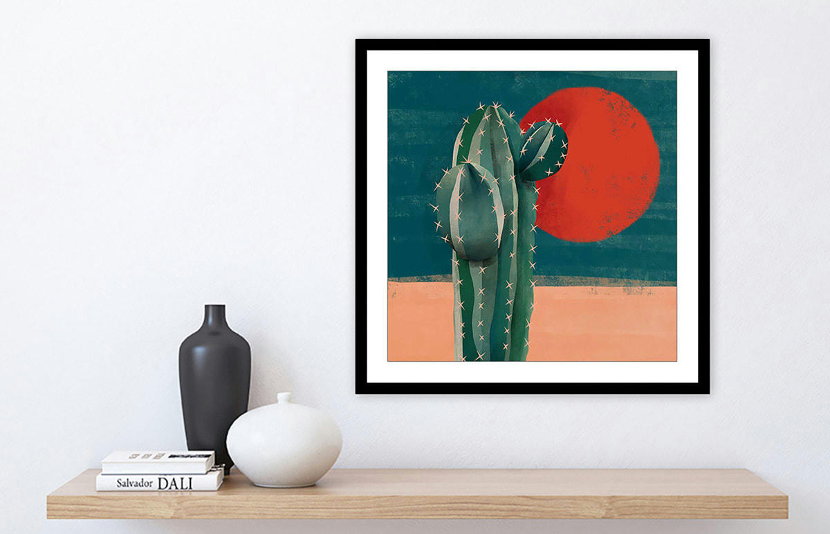 - Affiche illustration cactus et soleil rouge avec cadre noir 30x30cm