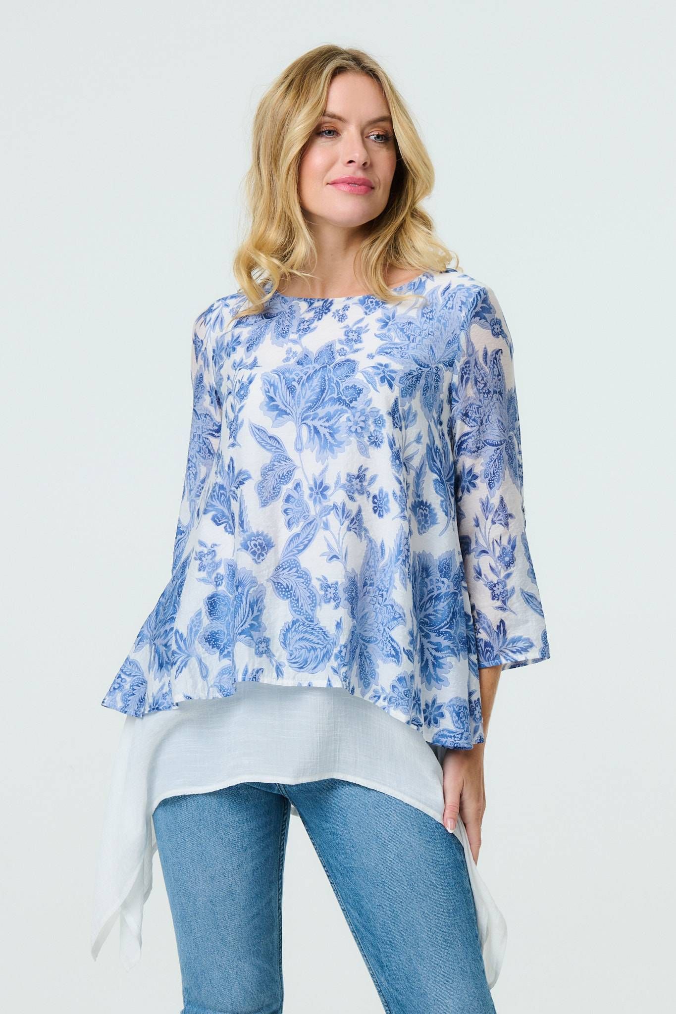 Izabel London Floral 3/4 Sleeve Layered High Low Tunic
