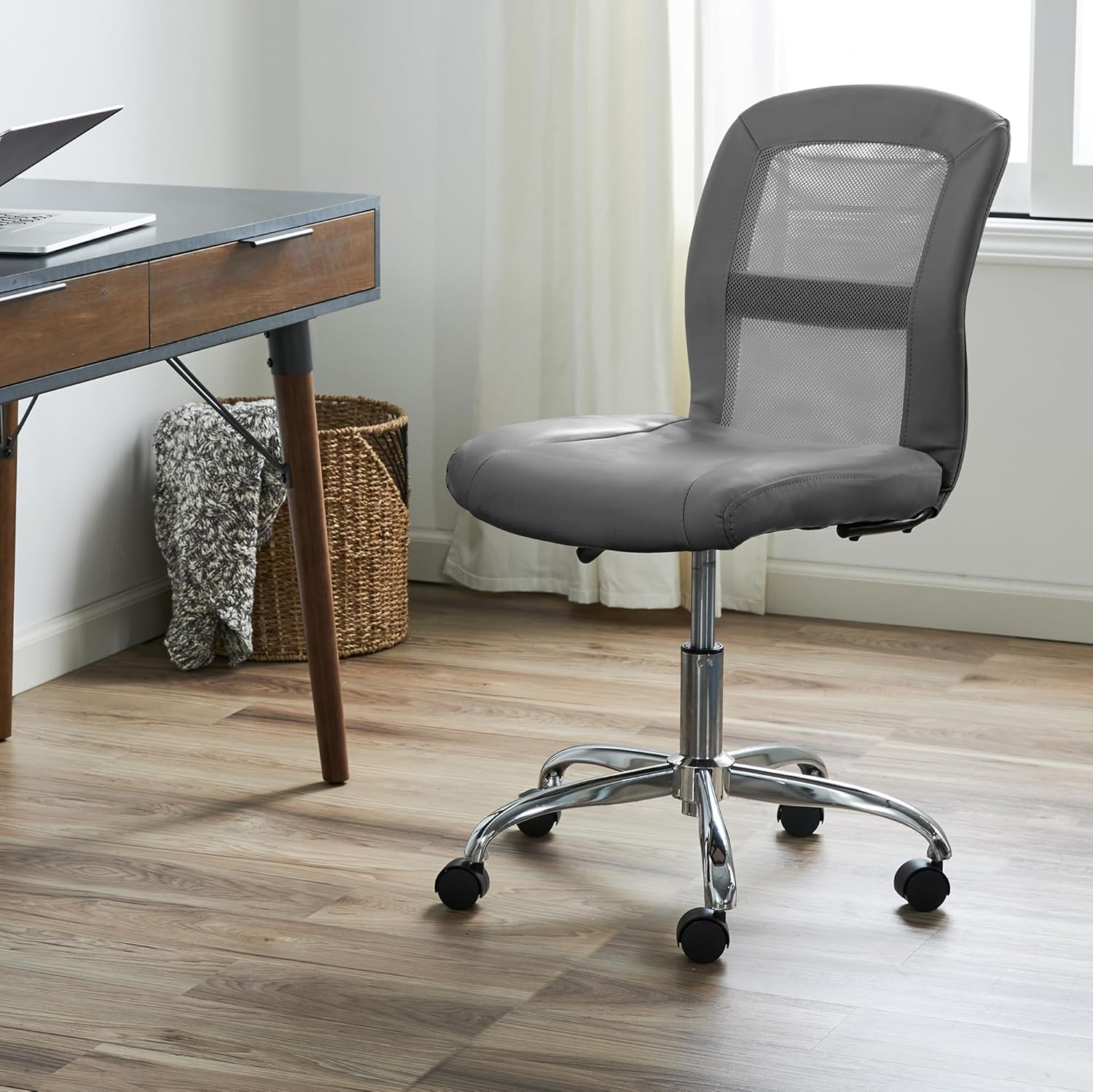Serta Essential Armless TaskChair, Small Desk Chairs with Wheels, Breathable Mesh Back and Faux Leather, Quality Foam Cushion Seat for Comfort, Minimal Design for Vanity Table, Gray