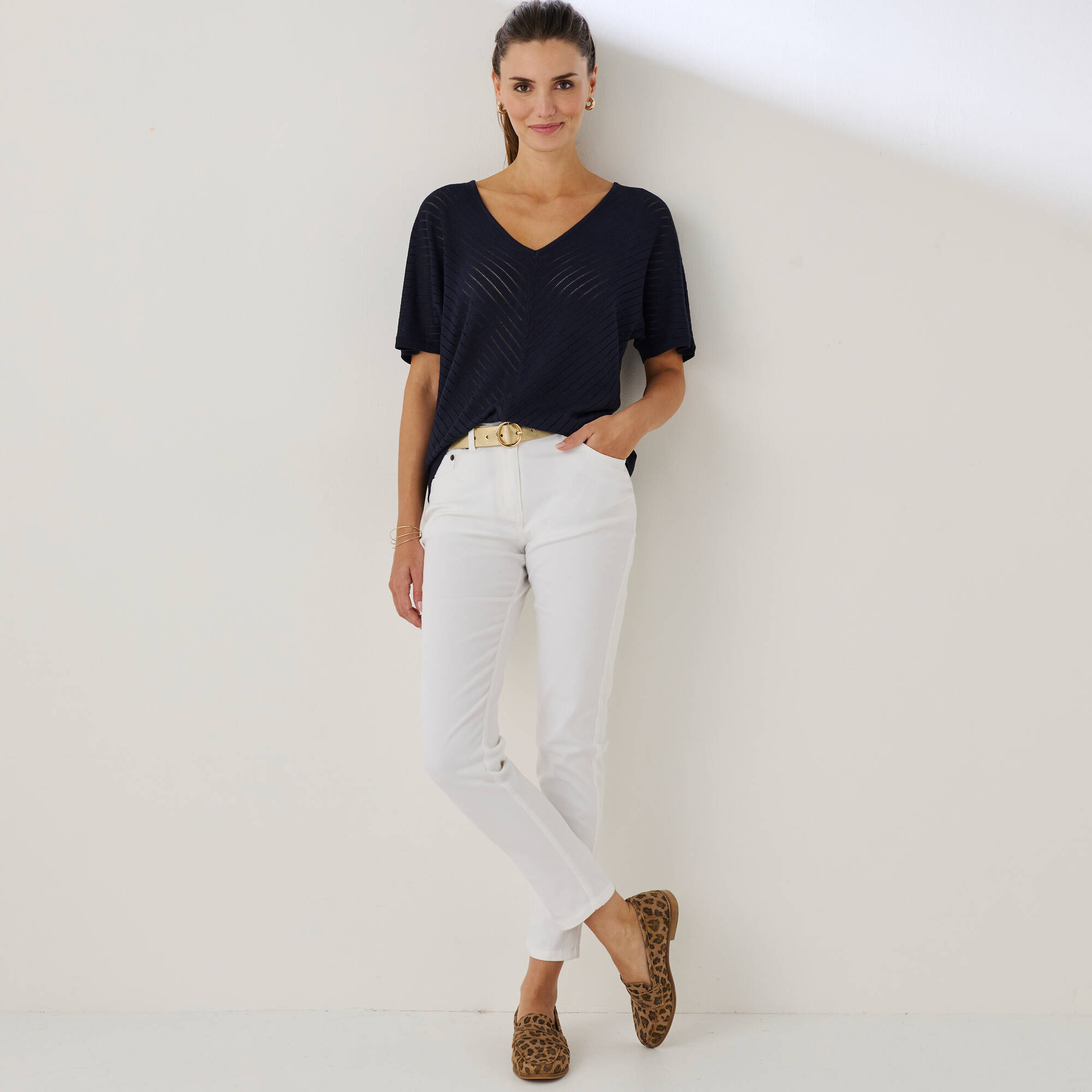 Pull manches courtes maille ajourée effet chevron