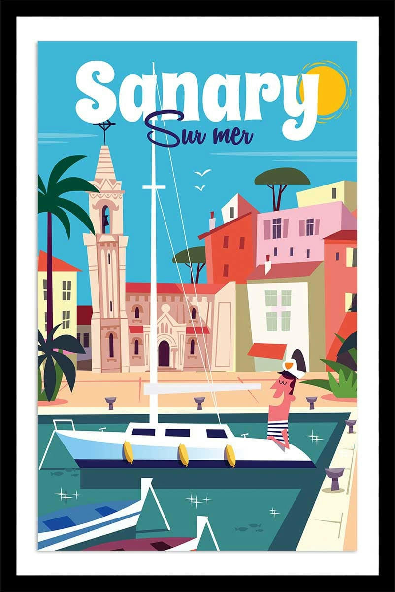 - Affiche vacances à Sanary avec cadre noir 60x90cm
