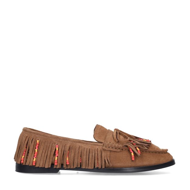 Cognac suède loafers met franjes