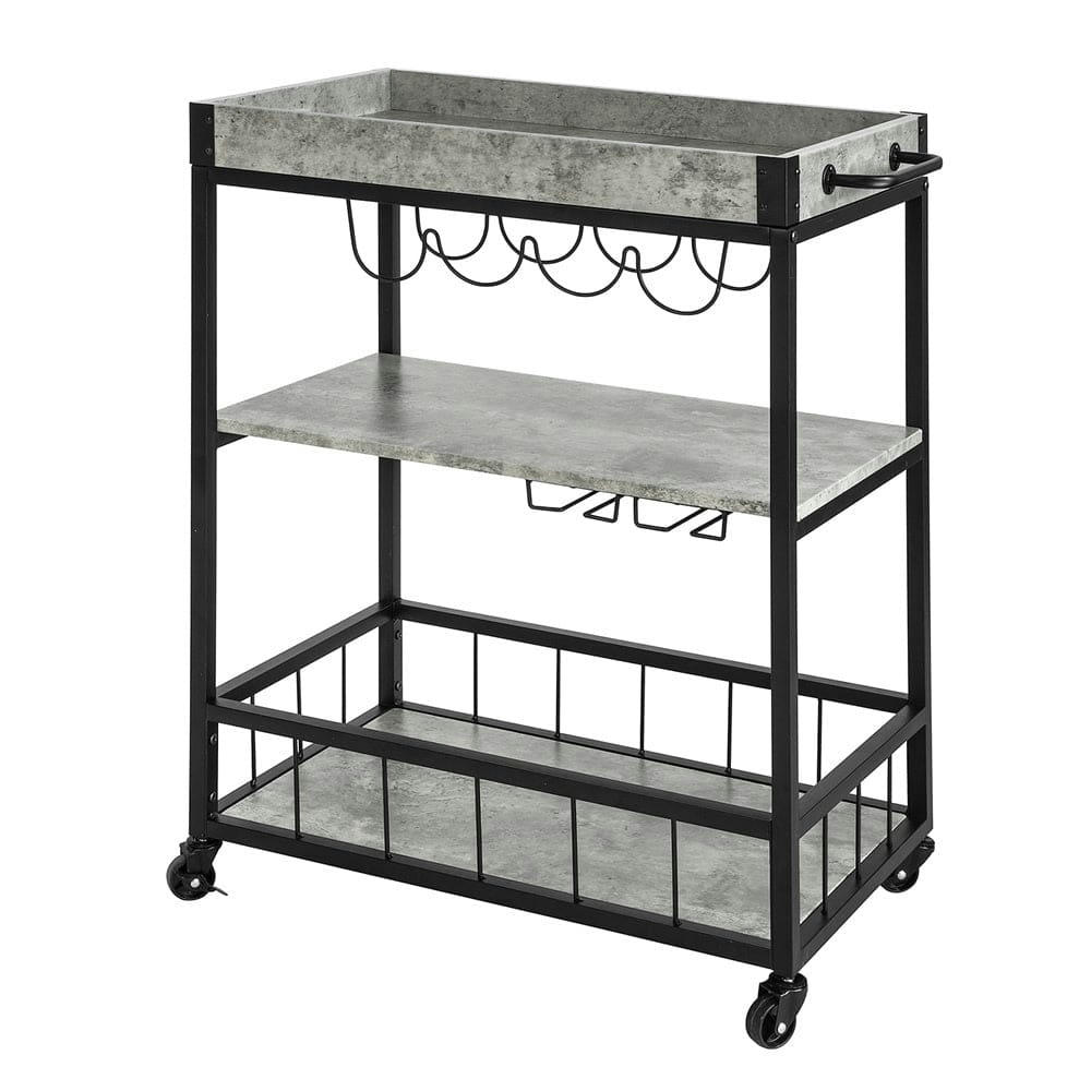 - Desserte effet bois gris à roulettes 3 étagères 1 porte-bouteilles