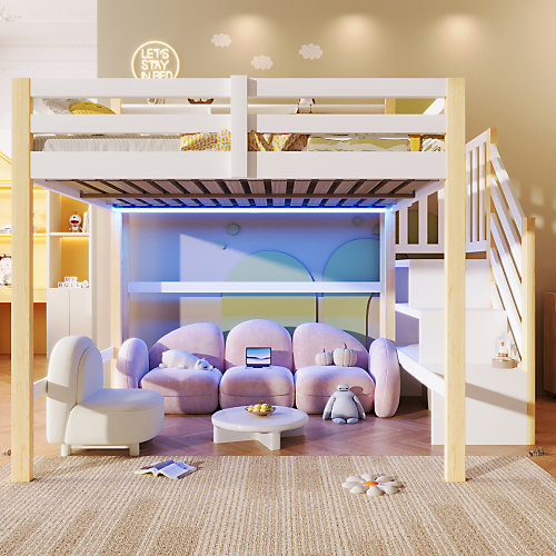 Lit mezzanine 140x200cm avec LED - avec échelle de rangement - compartiments de rangement - Blanc   Naturel (sans matelas)