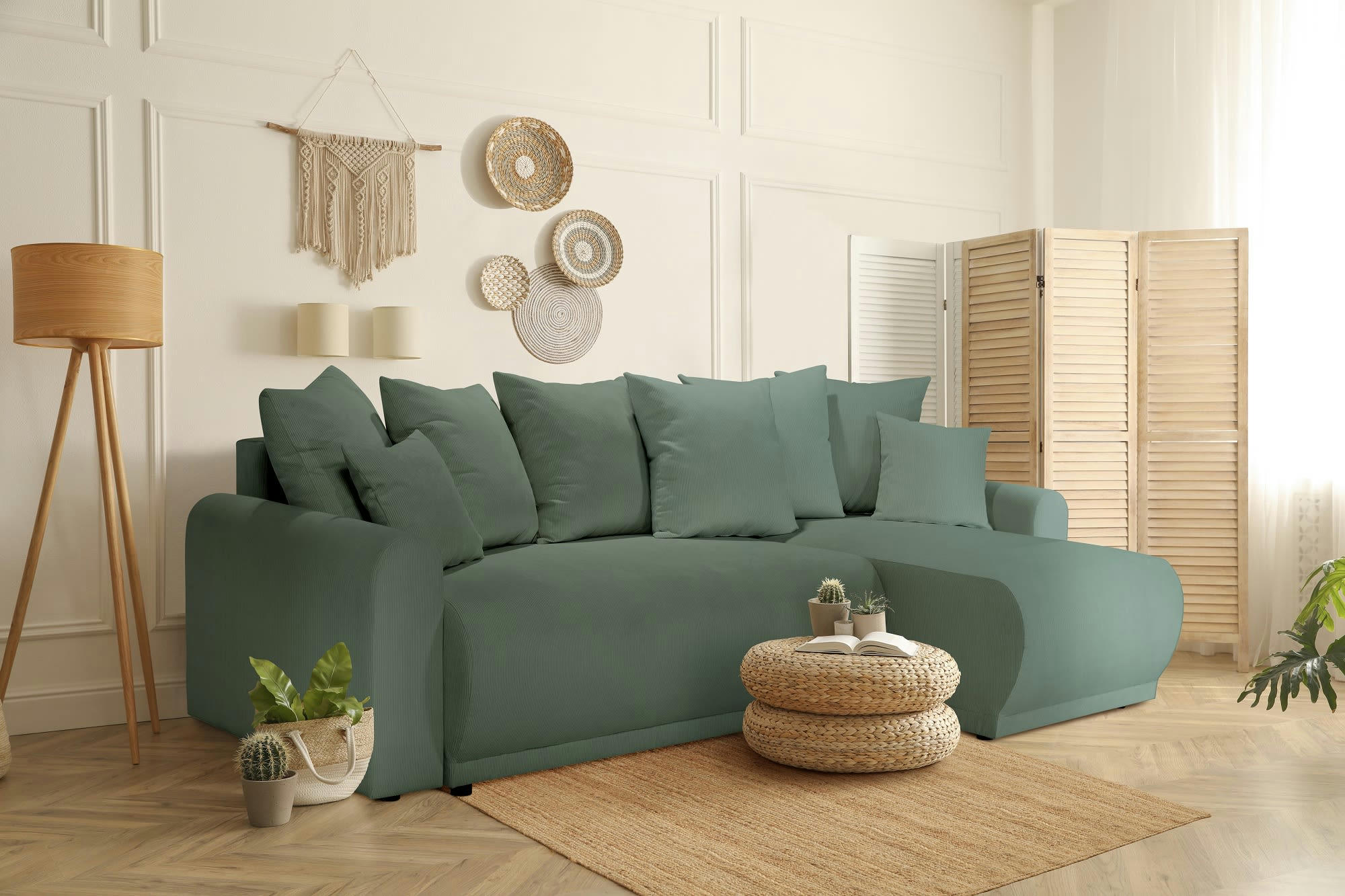 ANGE - Canapé angle convertible 3 places  en velours côtelé vert forêt