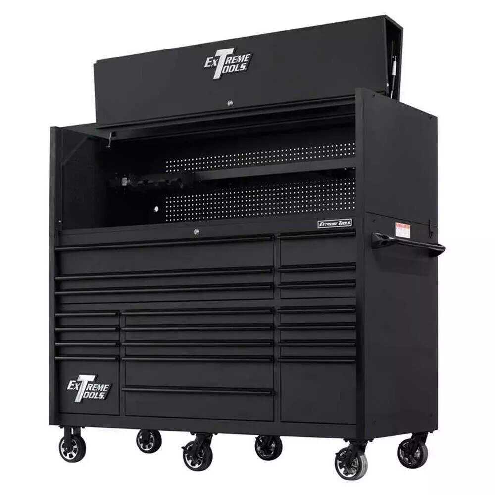 EXTREME TOOLS 72 RX SERIES 19-DRAWER 25 DEEP ROLLER CABINET W/HUTCH, 150 LB SLIDES - MATTE BLACK W/BLACK HANDLES