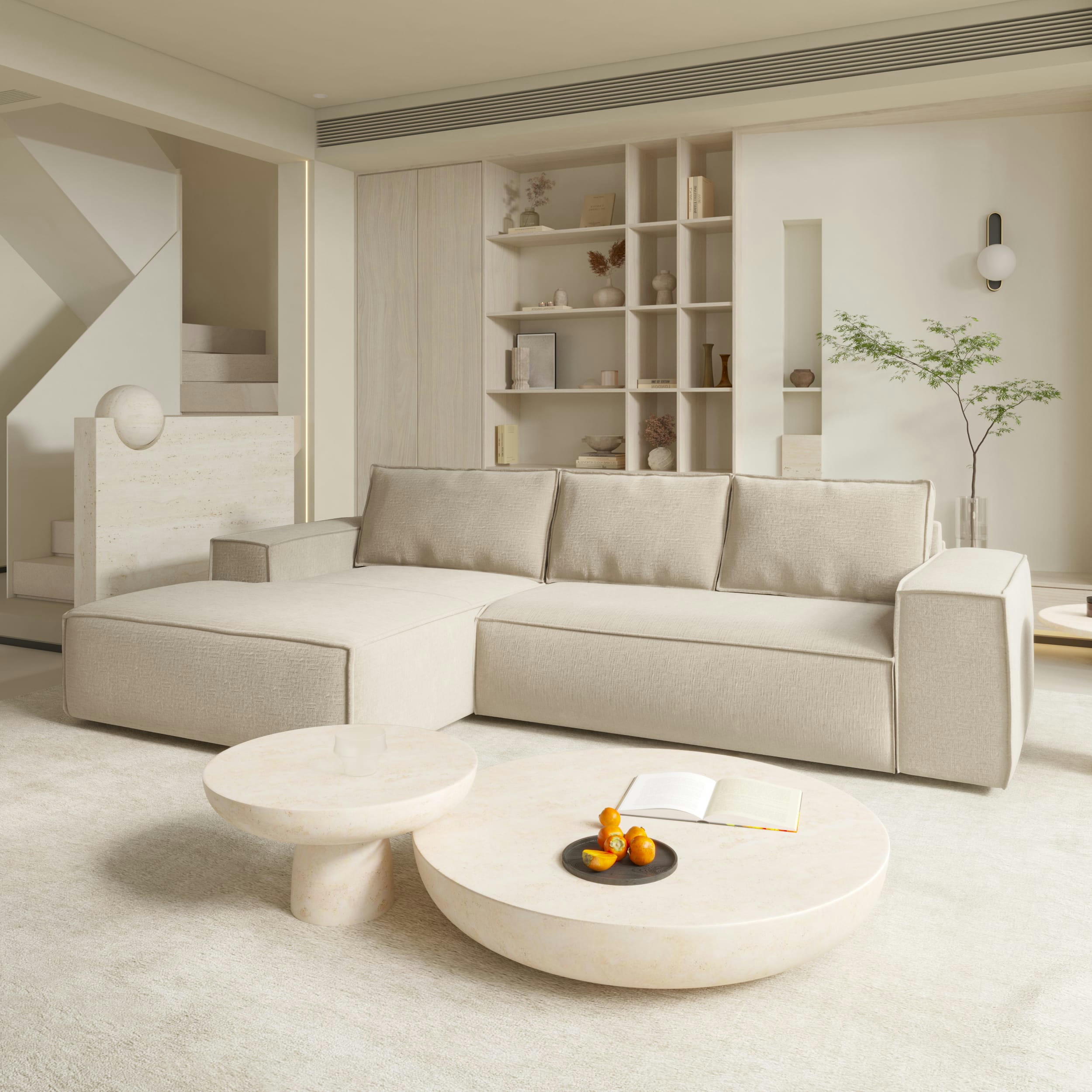 JOAN - Canapé convertible angle gauche dunlopillo velours texturé crème 140cm