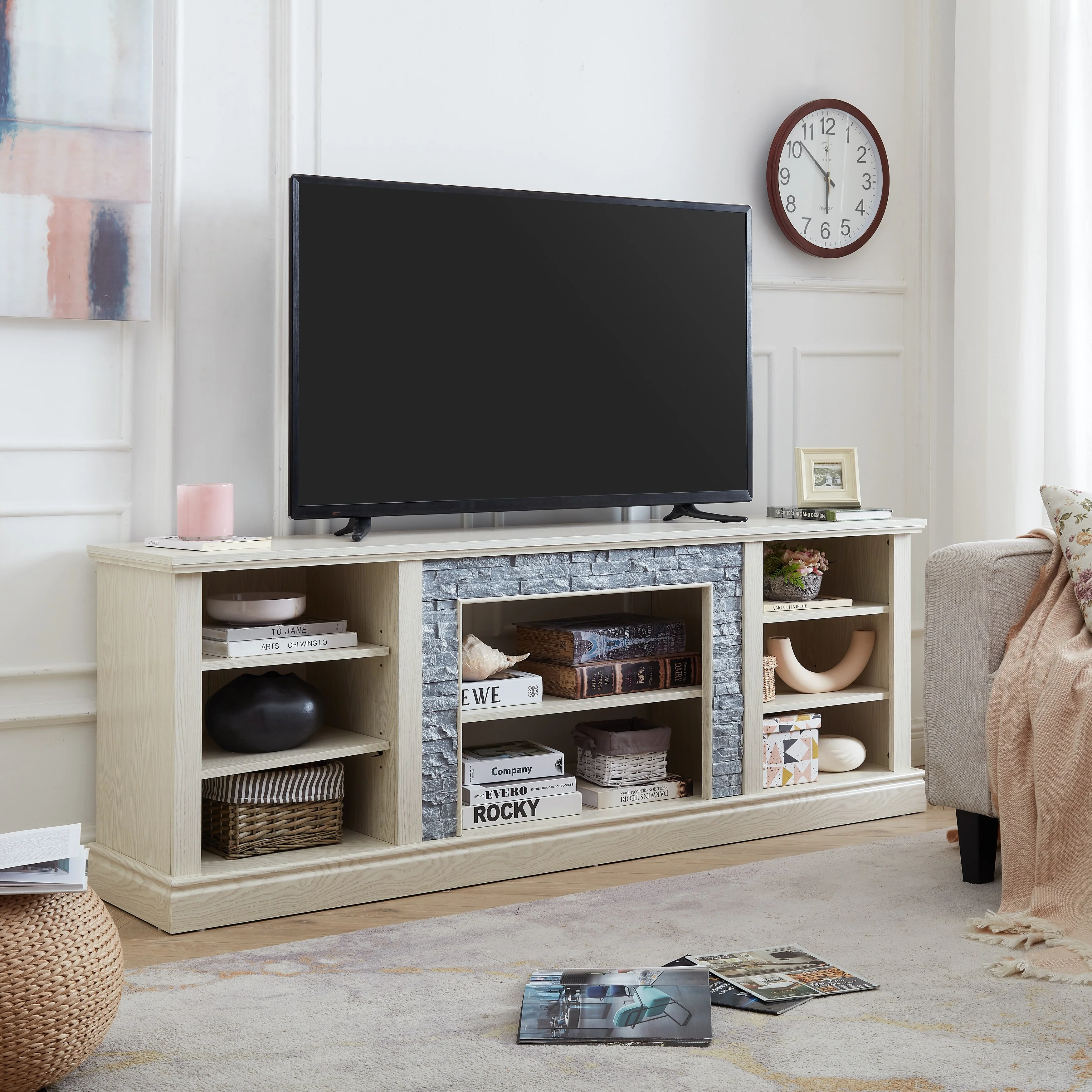 White 70 TV Stand with Faux Stone, Large Cabinet & Adjustable Shelves for TVs Up to 75