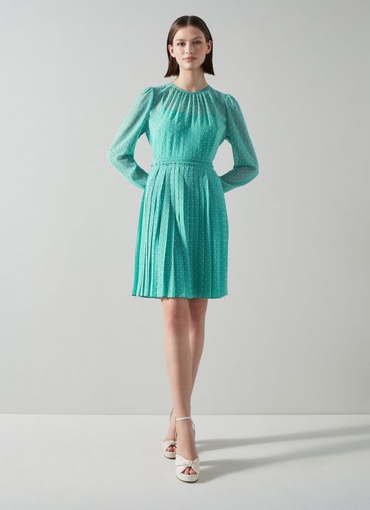 Aria Green Recycled Polyester Graphic Diamond Print Pleated Dress