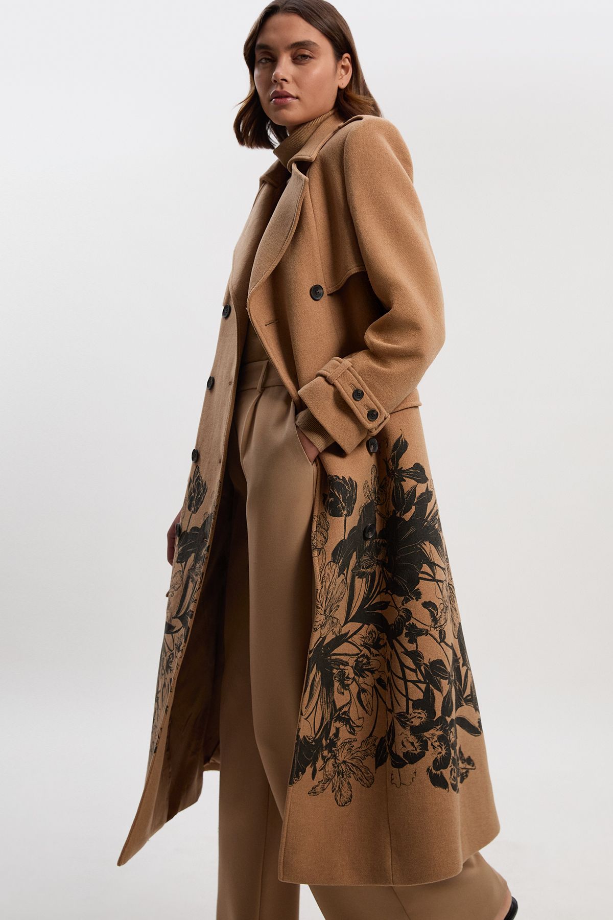 KarenMillen Wool Placement Print Tailored Double Breasted Belted Midi Coat