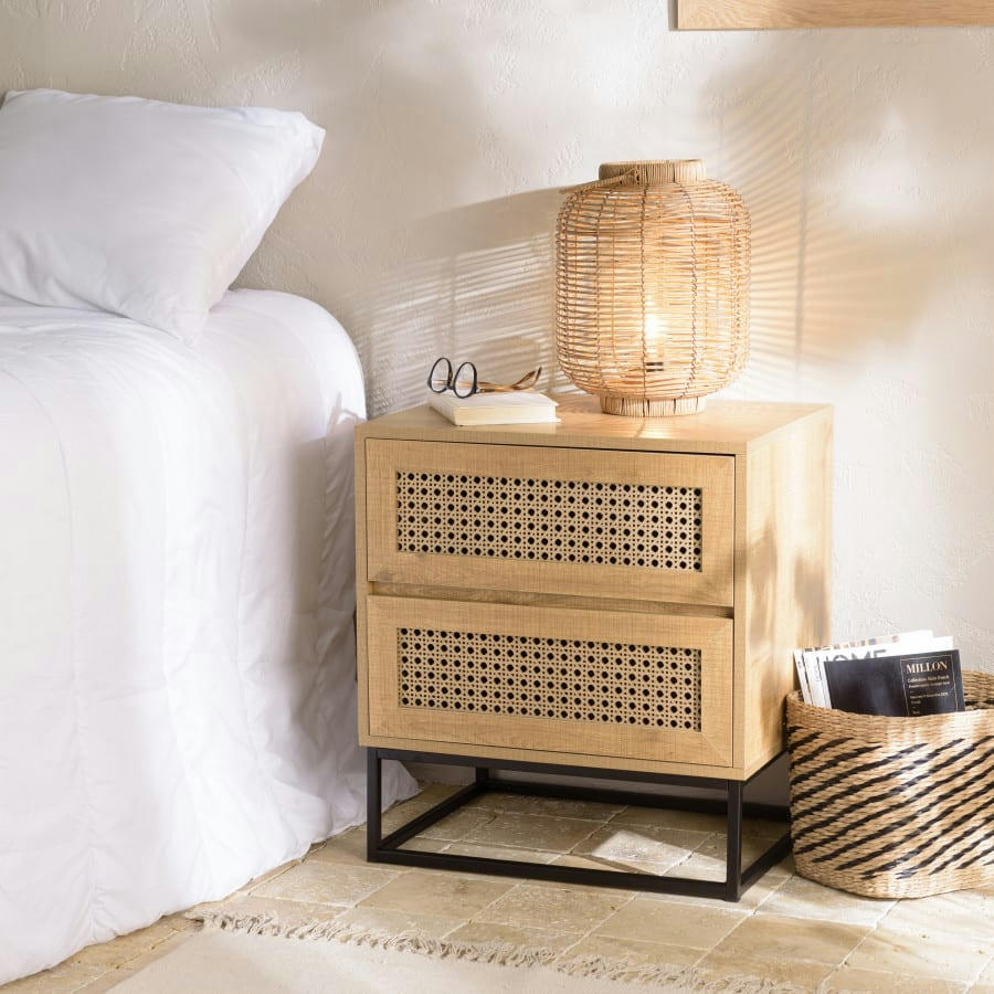 CHARLIE - Chevet marron 2 tiroirs effet cannage  pieds métal noir