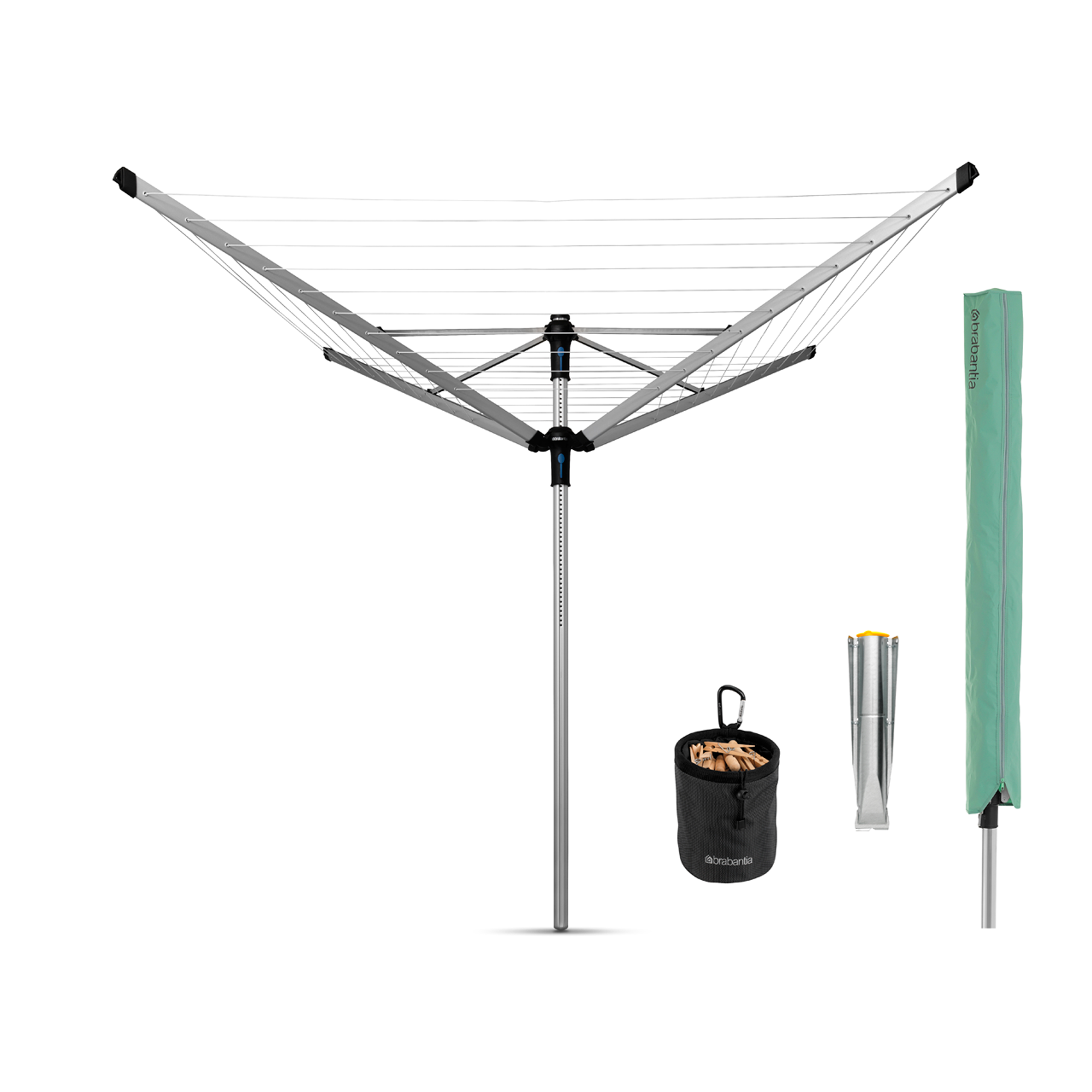 Brabantia Droogmolen Lift-O-Matic Advance, 50 meter met metalen grondanker, doorsnede 50 mm met beschermhoes en wasknijpertasje - Metallic Grey