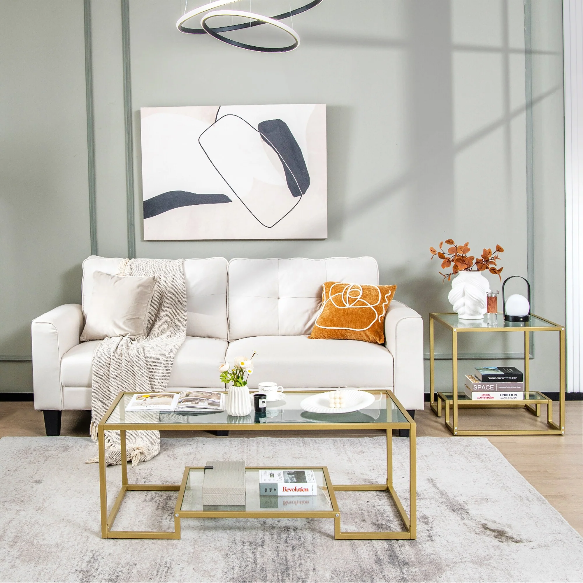 Costway Coffee Table Set of 3 Glass Modern Coffee Table & 2 Accent - See Details