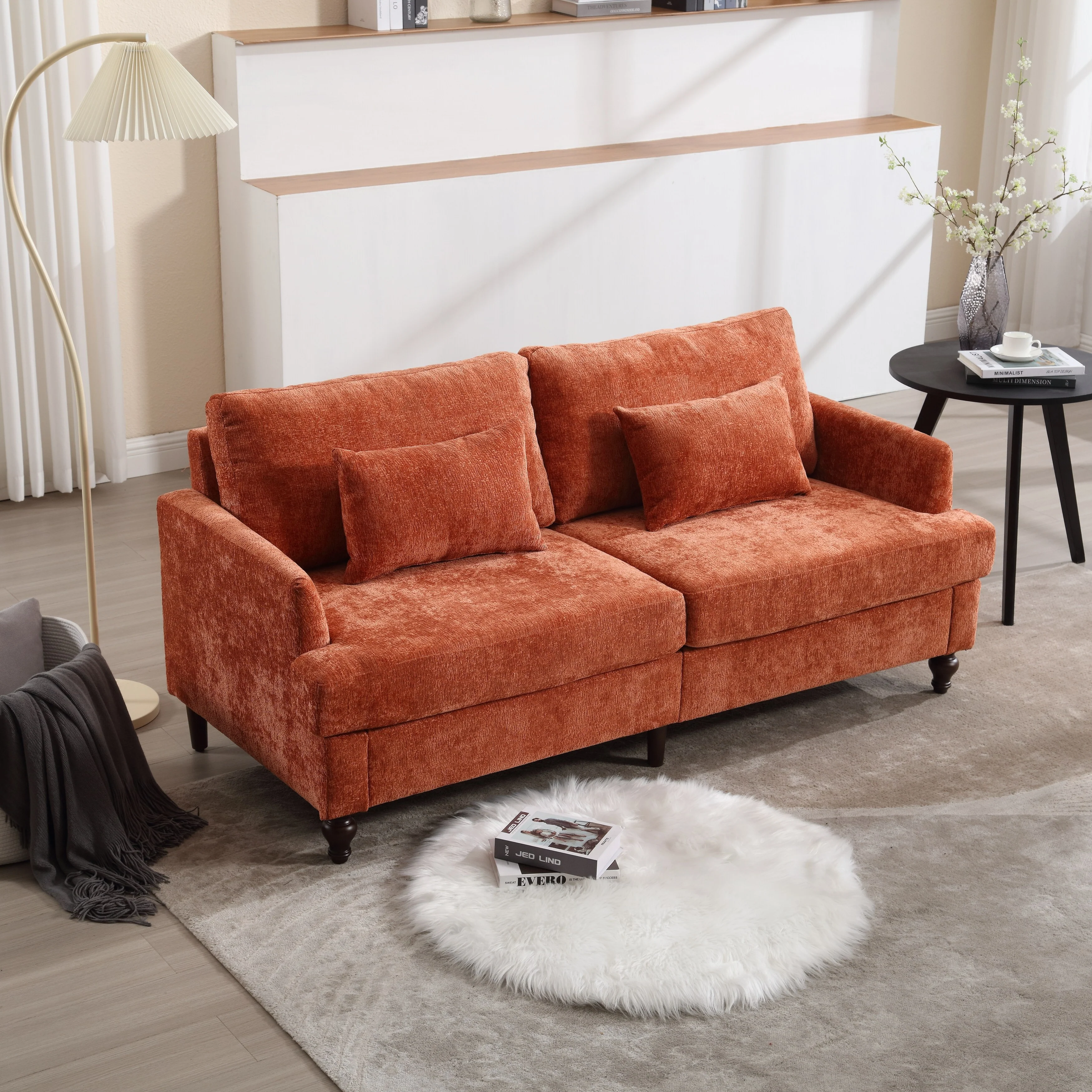 Orange Modern Chenille 68.9'' 2-Seater Sofa: Detachable Cushions, Solid Wood Frame, and Brown Wooden Legs