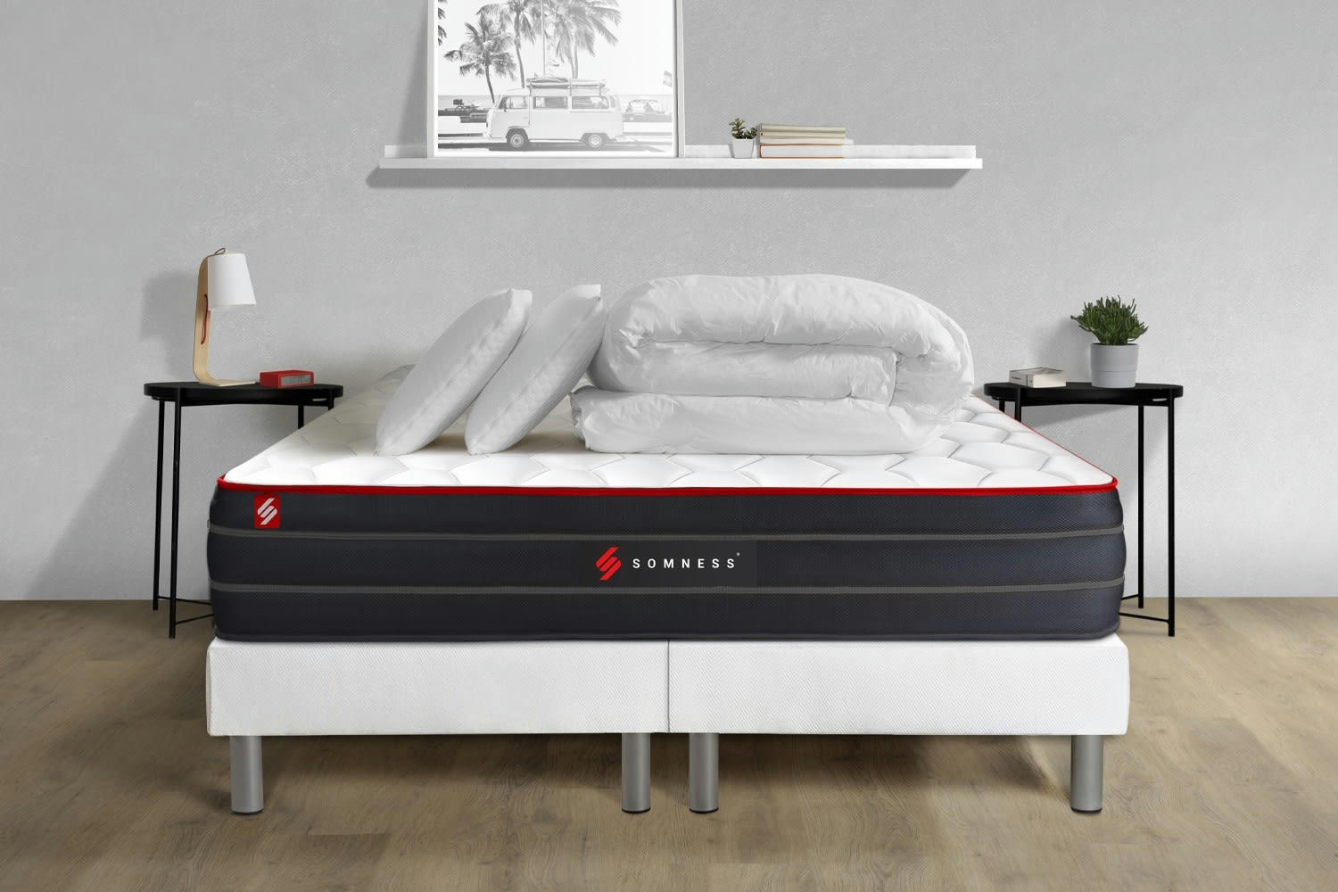 BOOST - Pack matelas sommier 200x200 oreiller couette