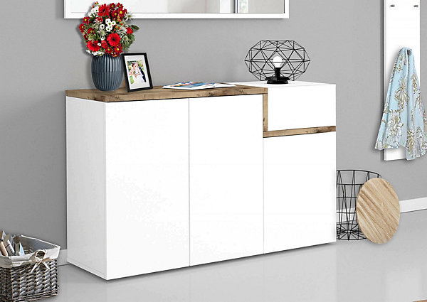 Etagere à chaussures Steve, Meuble polyvalent avec 3 portes et 1 porte abattante, 120x40h80 cm, Blanc brillant et Erable