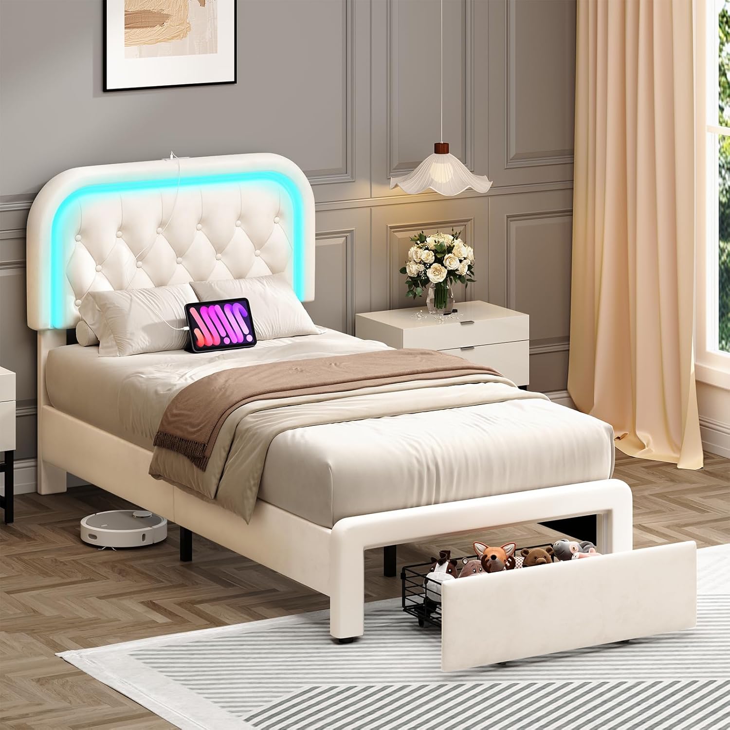 Twin Upholstered LED Bed Frame with Large Storage Drawer & Charging Station, Velvet Platform Bed with Stylish Rectangular Rounded Corner Headboard, Wooden Slats Support, No Box Spring Needed, Beige
