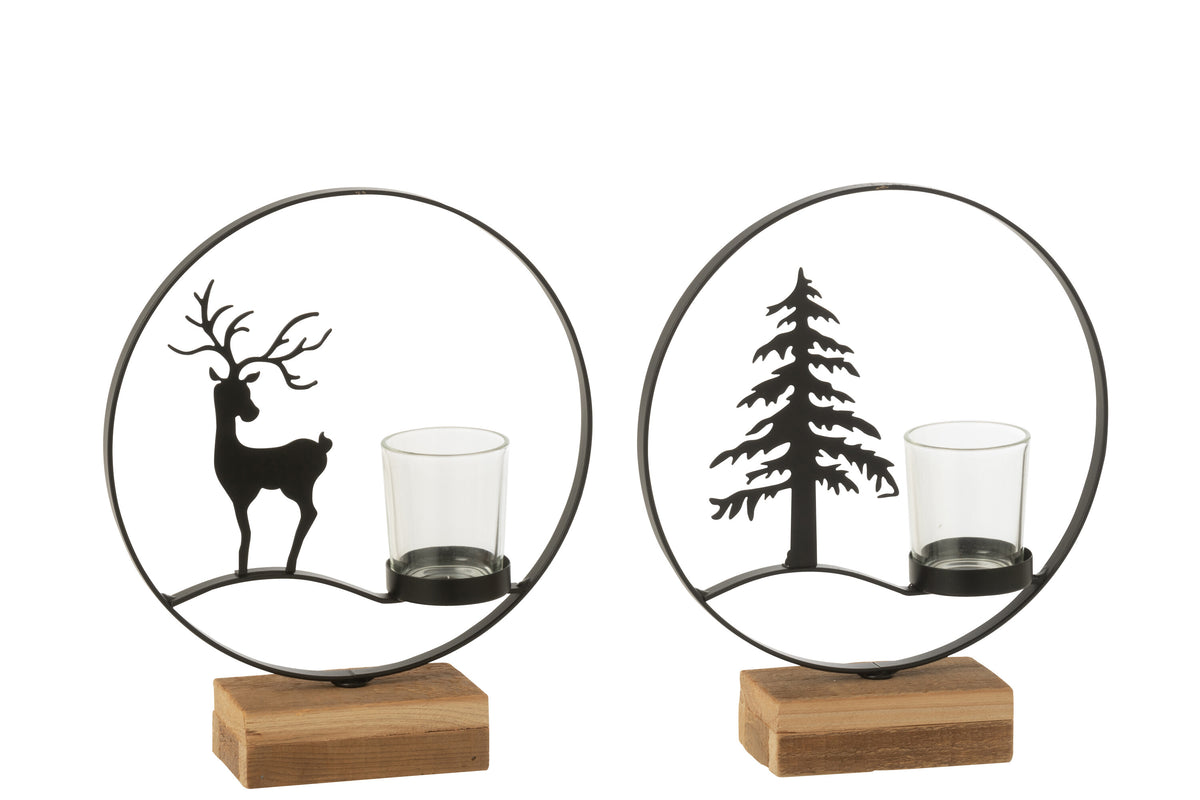 J-Line theelichthouder Rond - hout - zwart/naturel - 2 stuks
