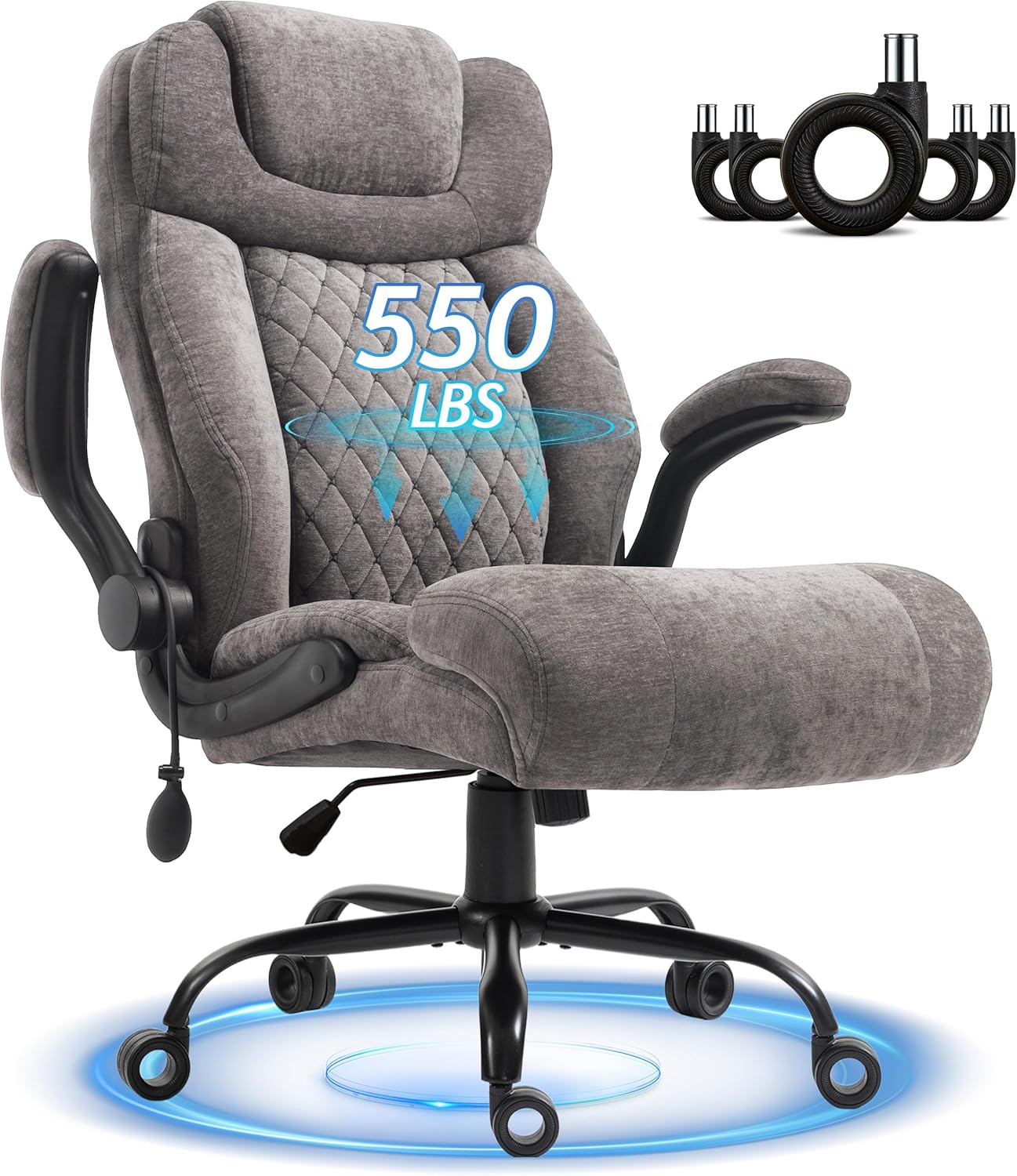 Office Chair, Big and Tall Executive Chairs with Lumbar Support for Back Pain, Breathable Fabric Desk Computer Chair with Adjustable Flip-up Armrests,Wide Cushion Swivel Home Office Chair Black,Grey