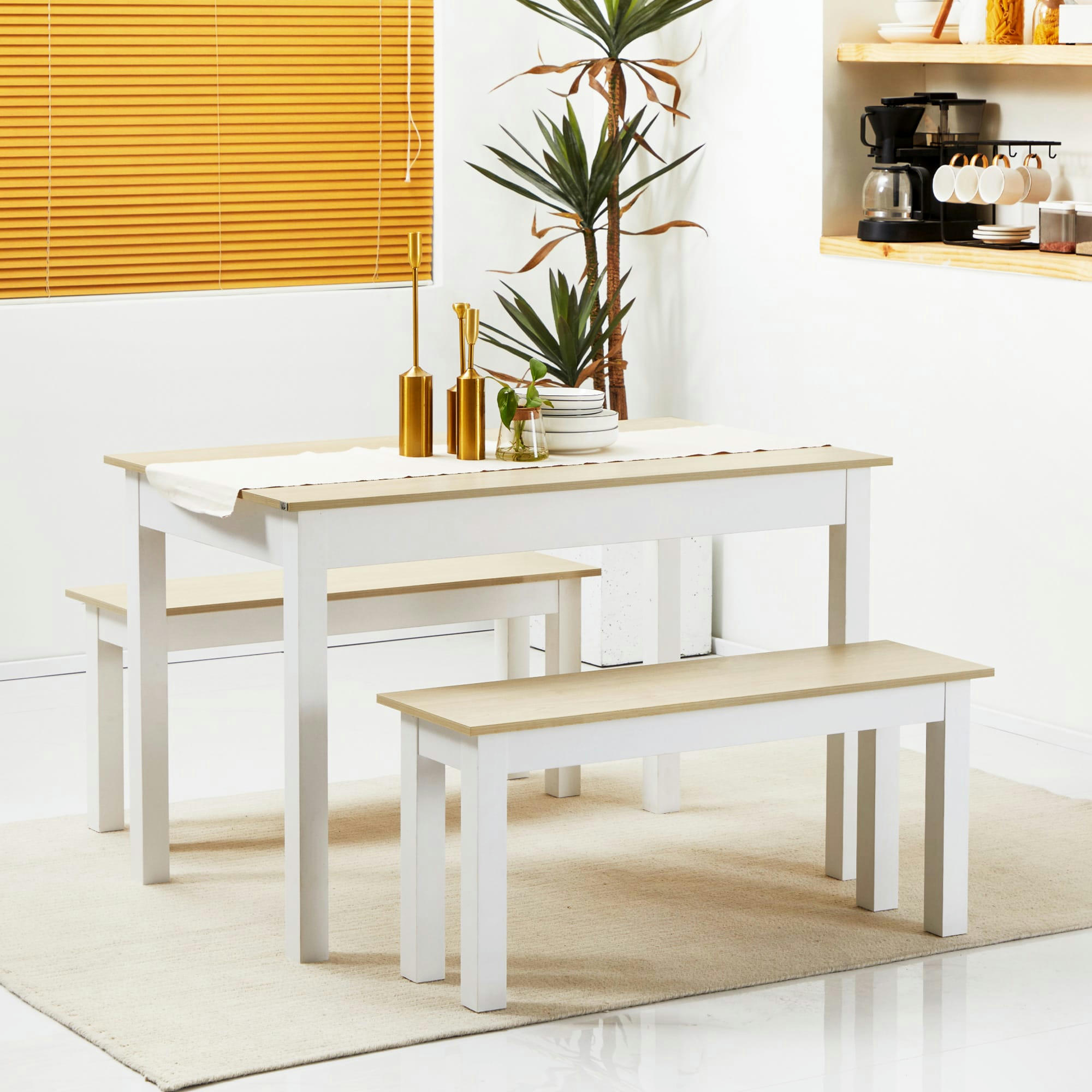 - Ensemble table à manger 3 pièces avec 2 bancs blanc aspect bois clair