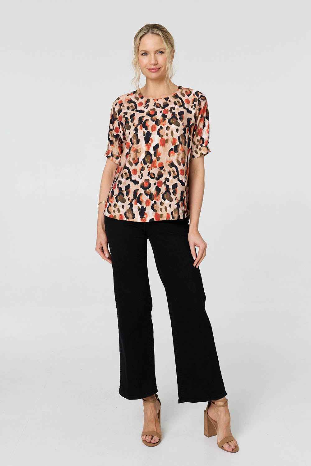 Izabel London Animal Print Short Sleeve Relaxed Blouse